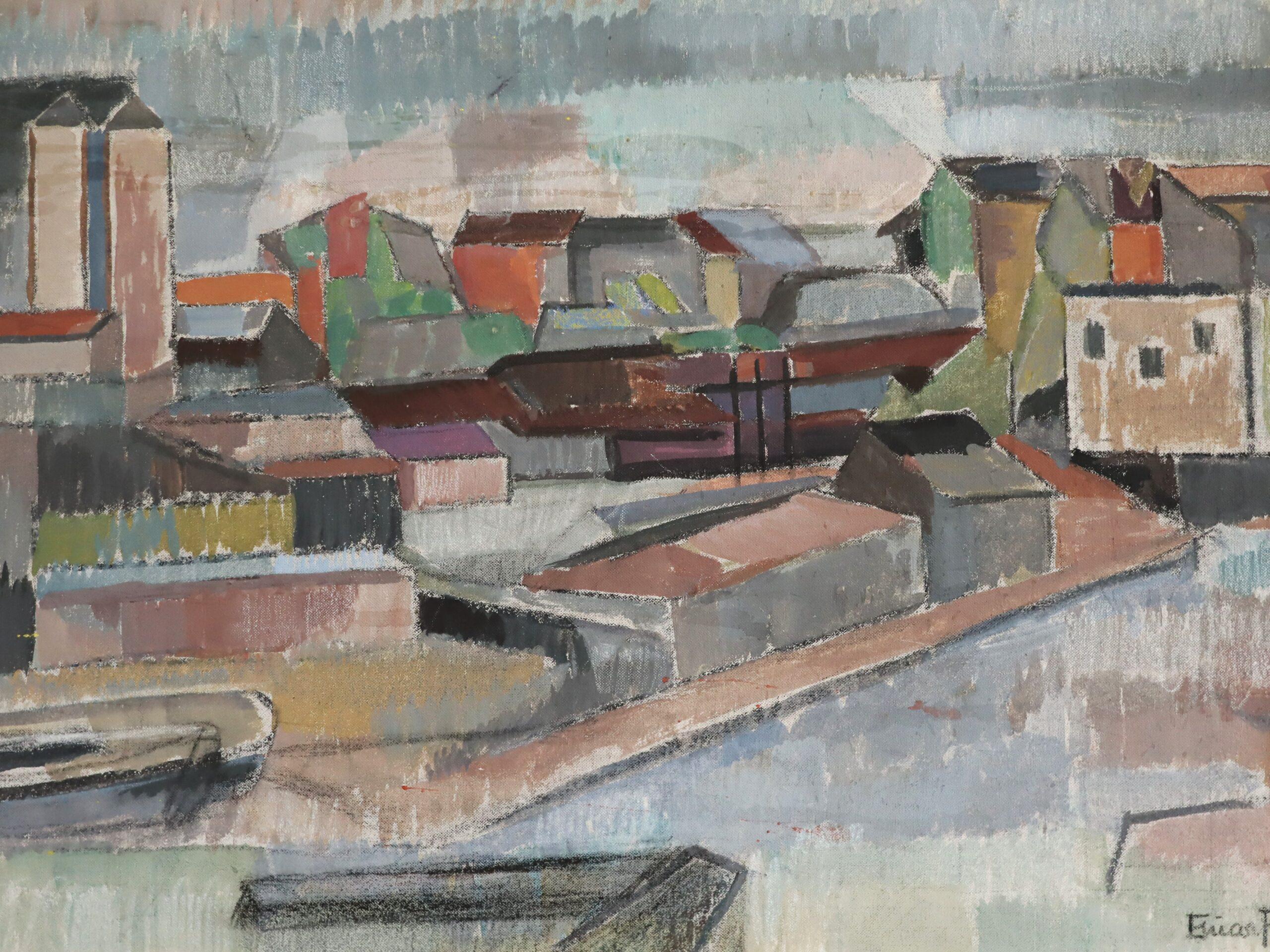 Mid Century Modern Abstract Urban Landscape Oil Painting - Fragments of the City For Sale 5