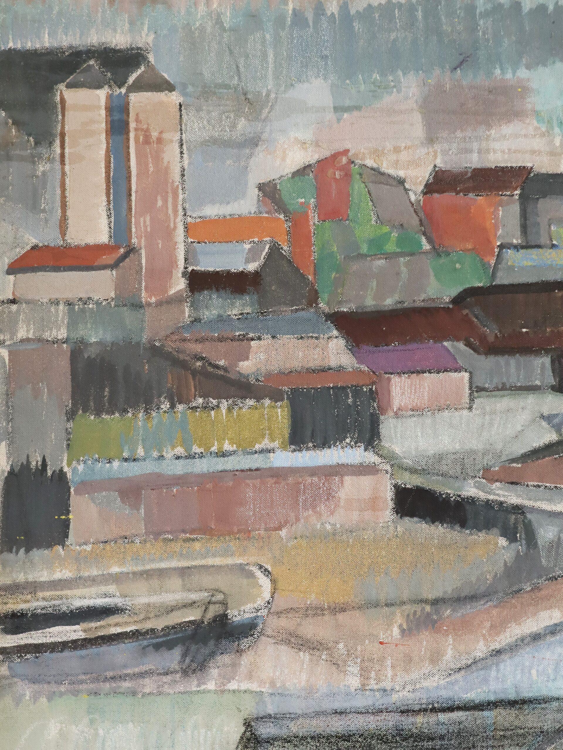 Mid Century Modern Abstract Urban Landscape Oil Painting - Fragments of the City For Sale 6
