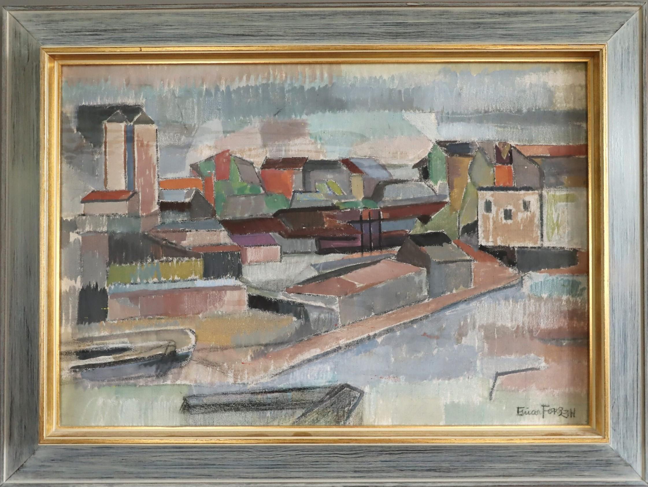 Unknown Landscape Painting - Mid Century Modern Abstract Urban Landscape Oil Painting - Fragments of the City