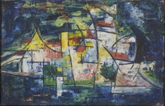 Mid Century Modern Abstracted Cubism Oil Painting -- San Francisco Sailboats