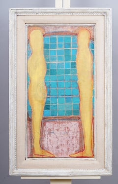 Pittura ad olio astratta figurativa surreale con cornice della metà del secolo scorso