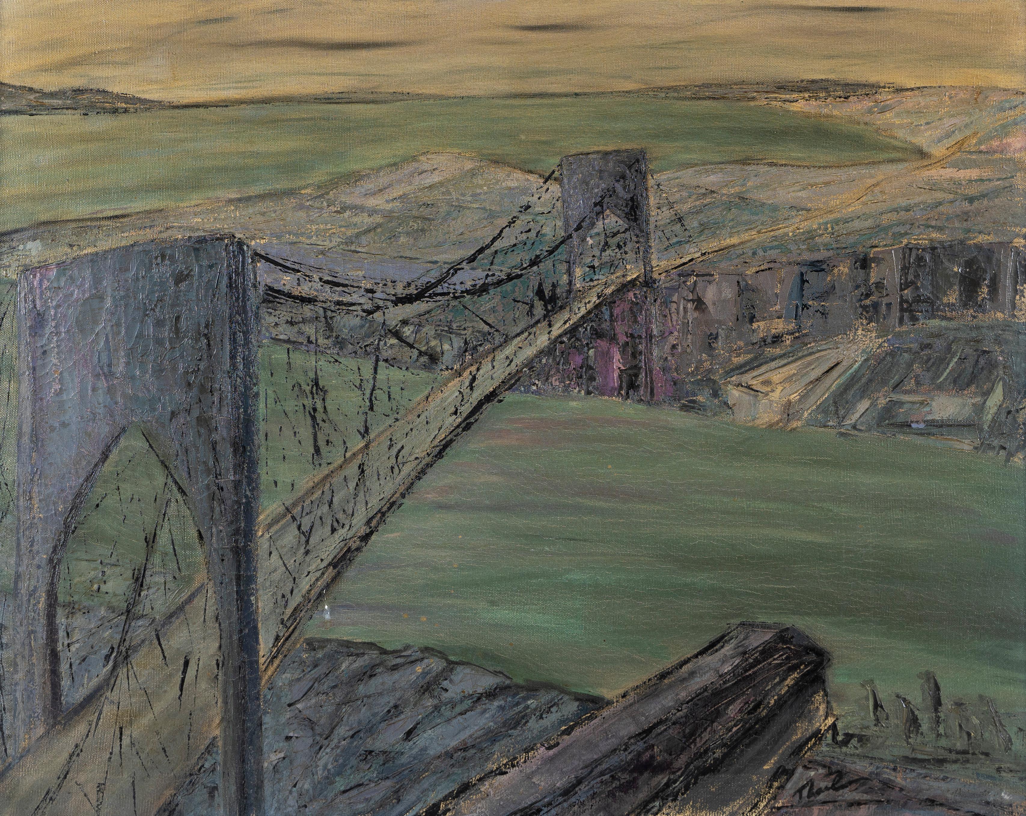 Mid Century Modern California Bridge Landscape Signed San Francisco Oil Painting 1