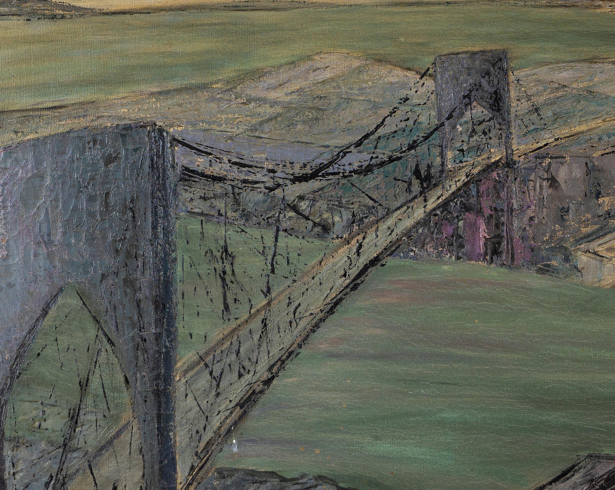 Mid Century Modern California Bridge Landscape Signed San Francisco Oil Painting 2