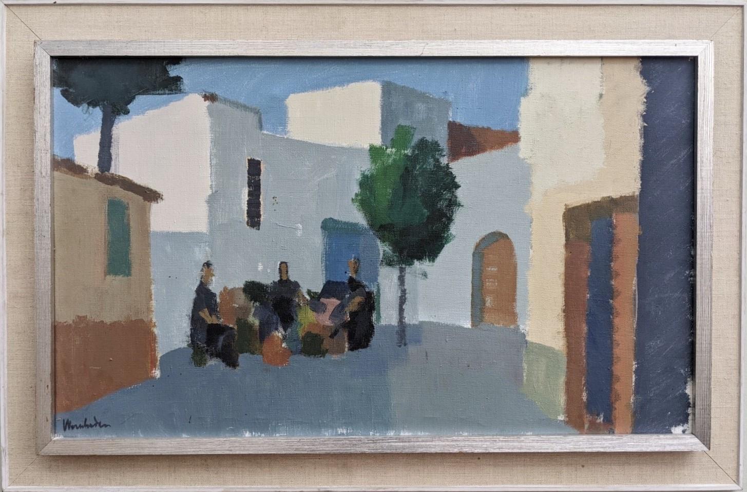 Unknown Landscape Painting - Mid-Century Modern "Charming Town" Vintage Swedish Street Scene Oil Painting