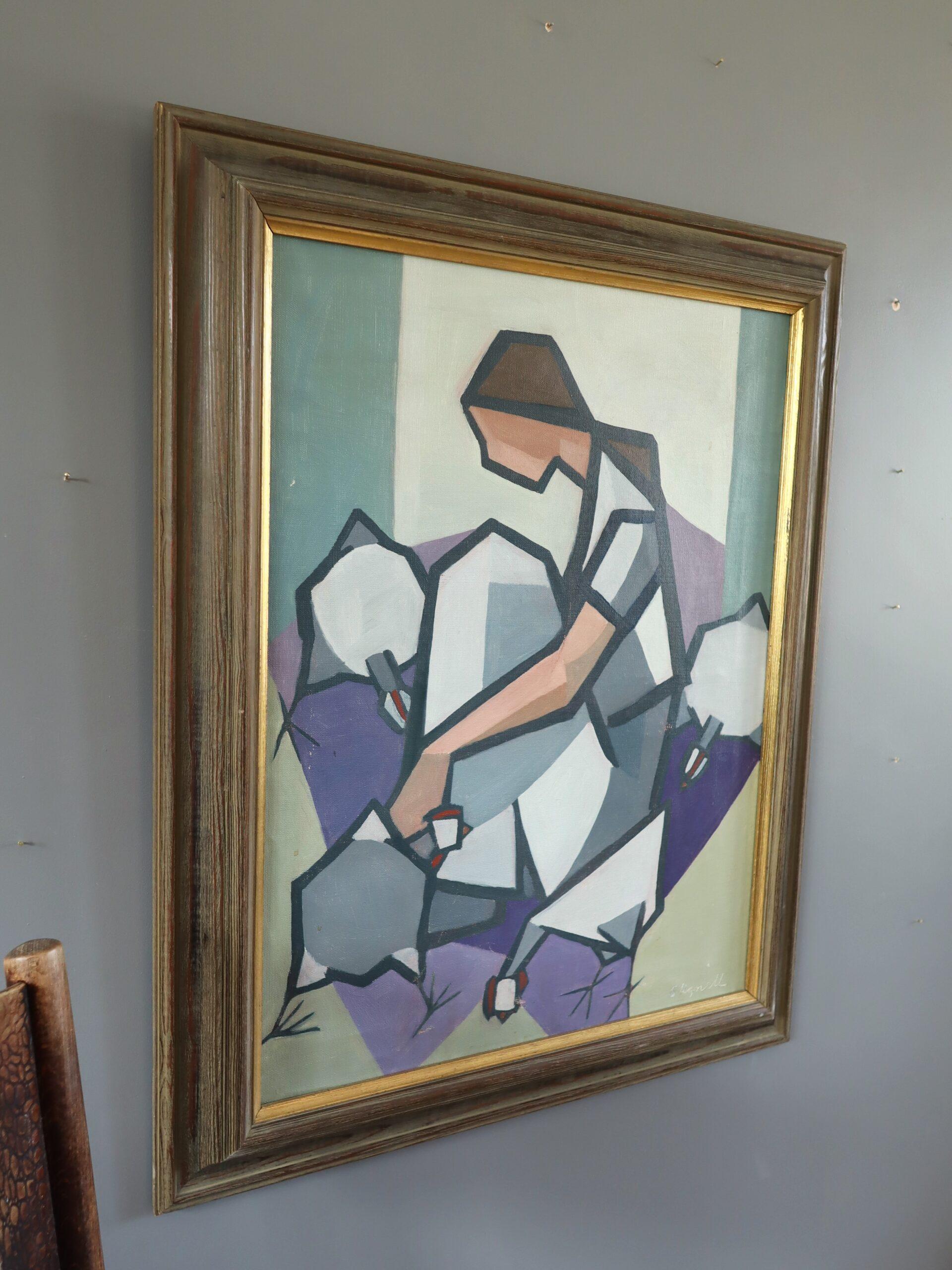 Kubistisches geometrisches abstraktes Ölgemälde aus der Mitte des Jahrhunderts – Der Henkeeper (Grau), Animal Painting, von Unknown