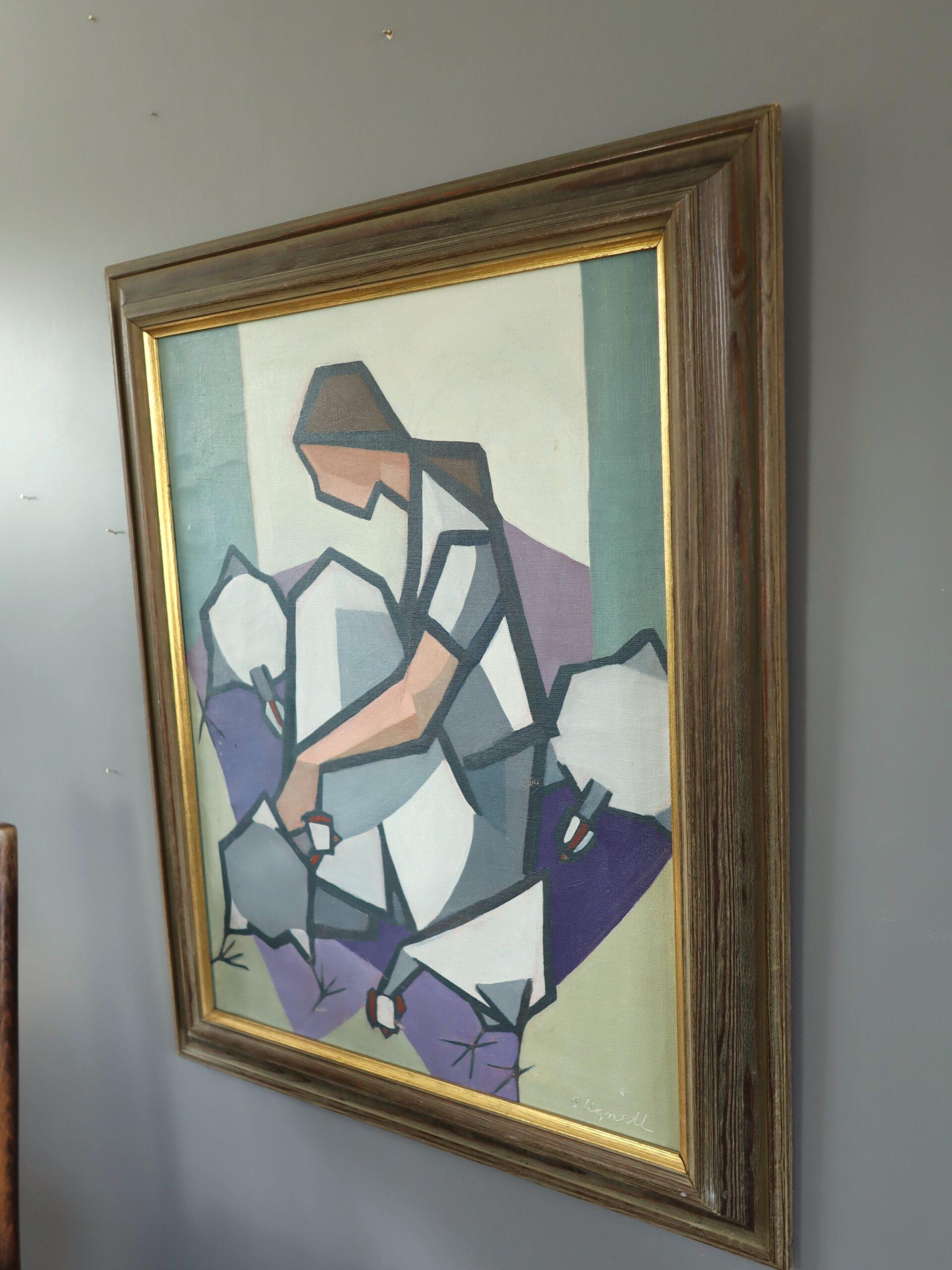 DER HAUSHALTER
Größe: 76,5 x 61,5 cm (einschließlich Rahmen)
Öl auf Leinwand

Ein auffallendes modernistisches Gemälde aus der Mitte des Jahrhunderts, das eine Frau zeigt, die sich um eine Gruppe von Hühnern kümmert. Es ist in einem kühnen,