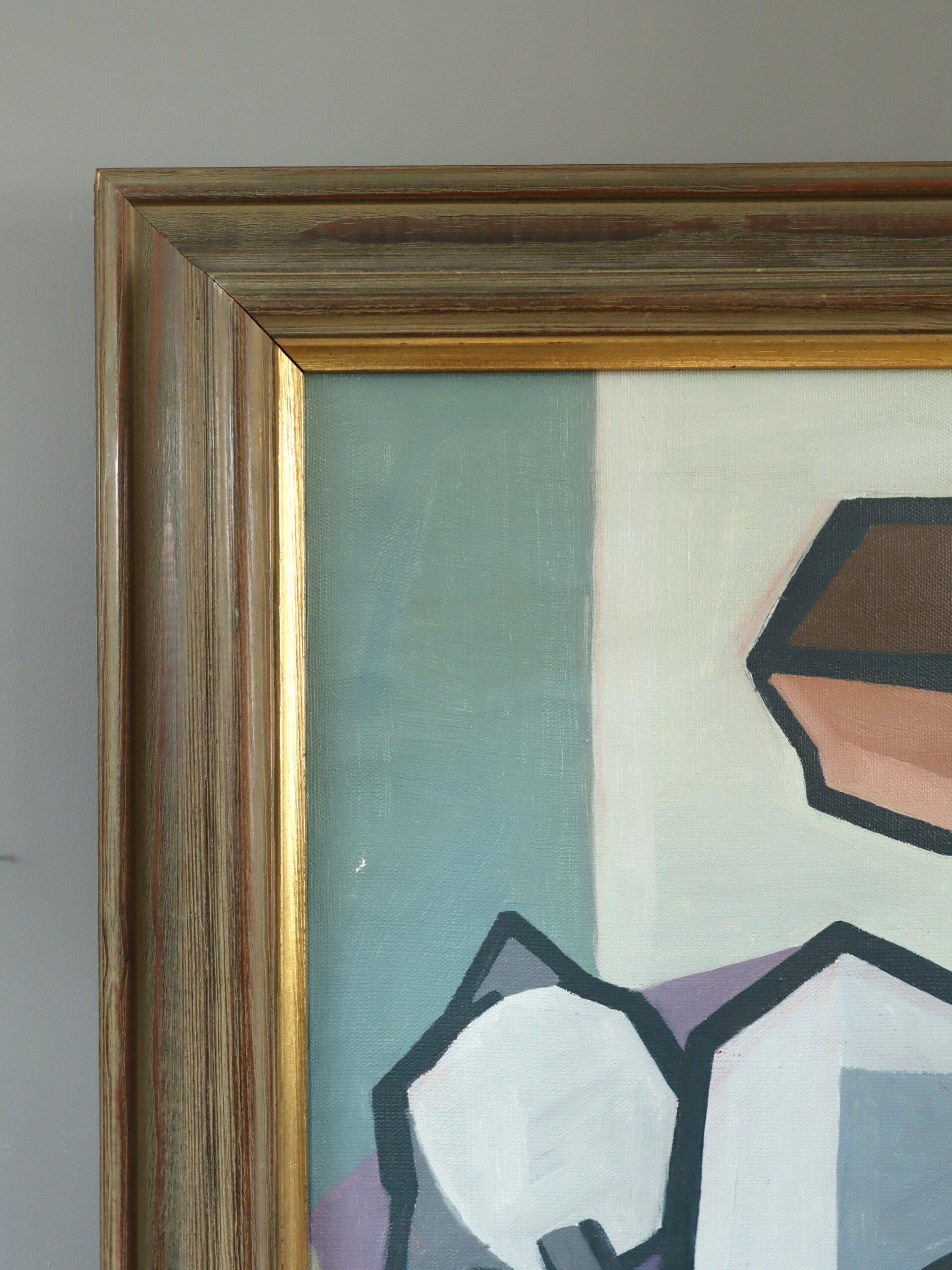 Kubistisches geometrisches abstraktes Ölgemälde aus der Mitte des Jahrhunderts – Der Henkeeper im Angebot 1