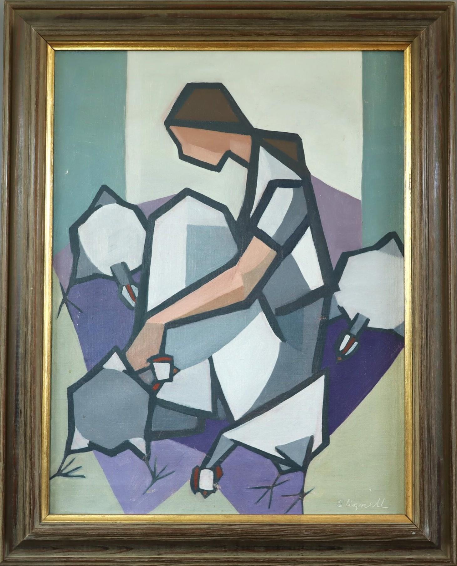 Pittura ad olio astratta cubista moderna del metà del secolo scorso - Il guardiano di galline