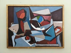 Mid-Century Modern "Cubist Objects" Swedish Vintage Abstract Oil Painting, Framed