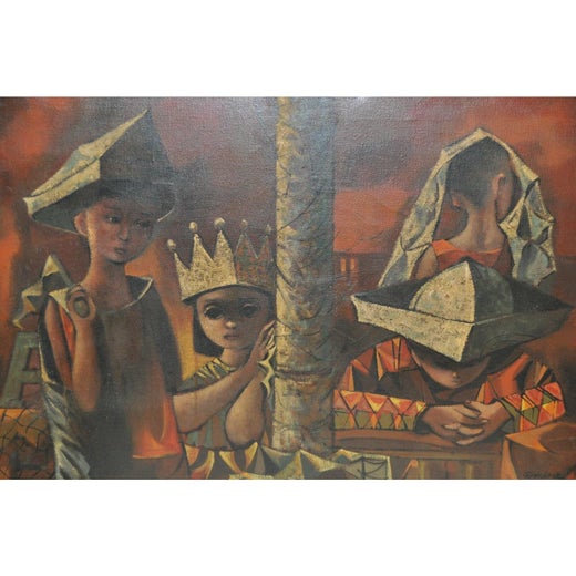 Unknown Mid Century Modern Cubist Painting W Figures Of