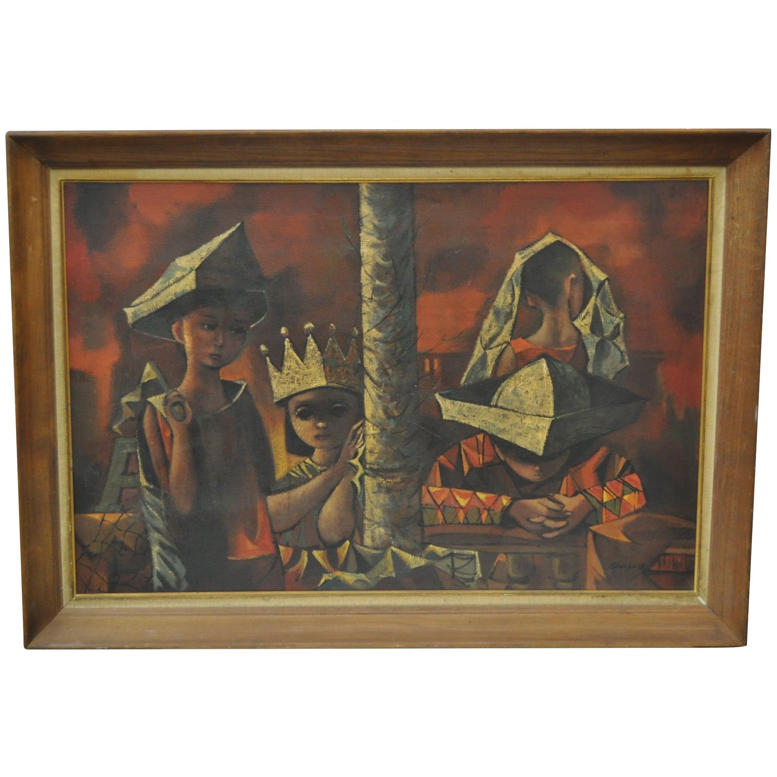 Mid Century Modern Cubist Painting w/ Figures of Children by Spurlock c.1950 For Sale 1
