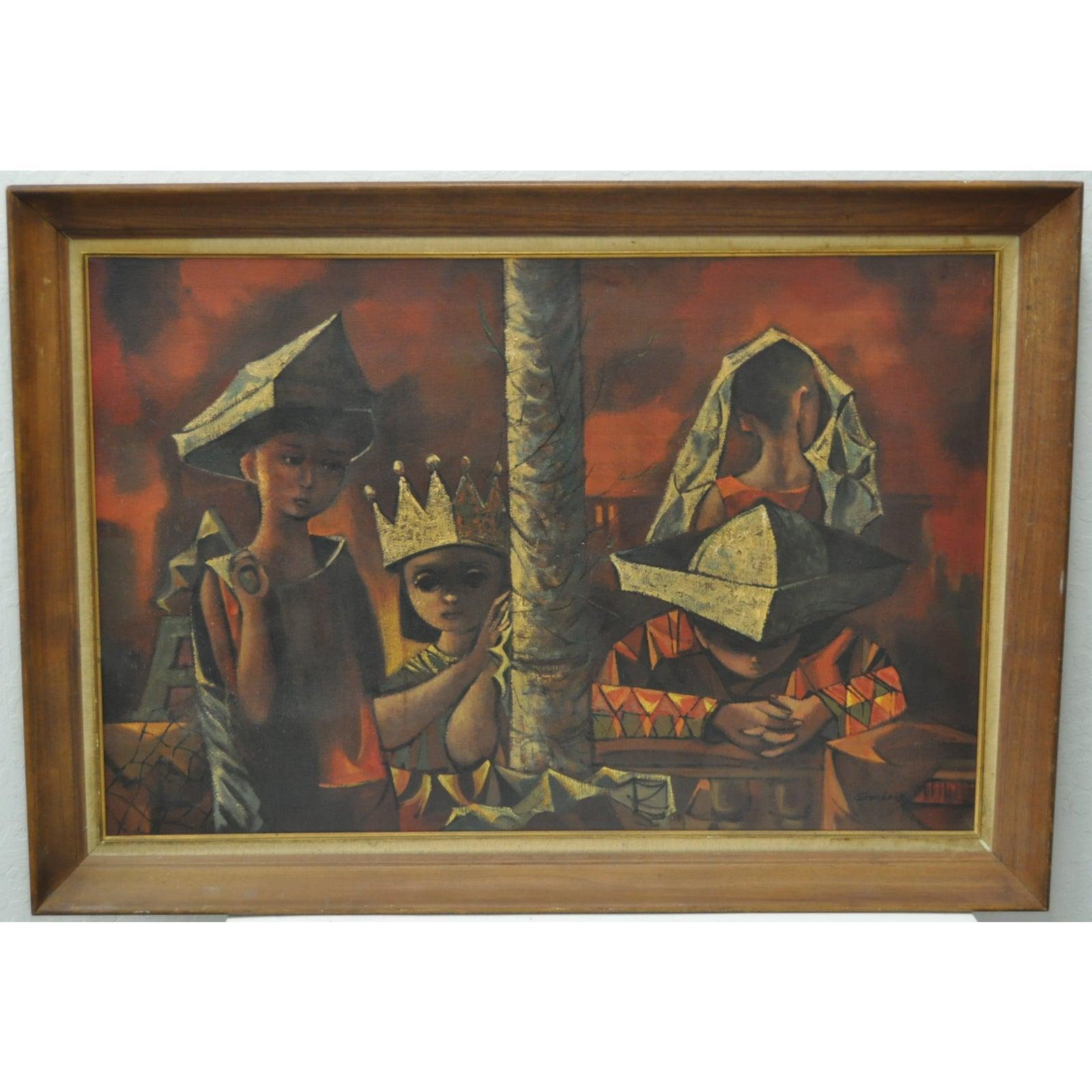 Mid Century Modern Cubist Painting w/ Figures of Children by Spurlock c.1950