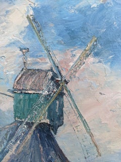 Mid-Century Modern Dutch Landscape "The Windmill" Impressionist Oil Painting