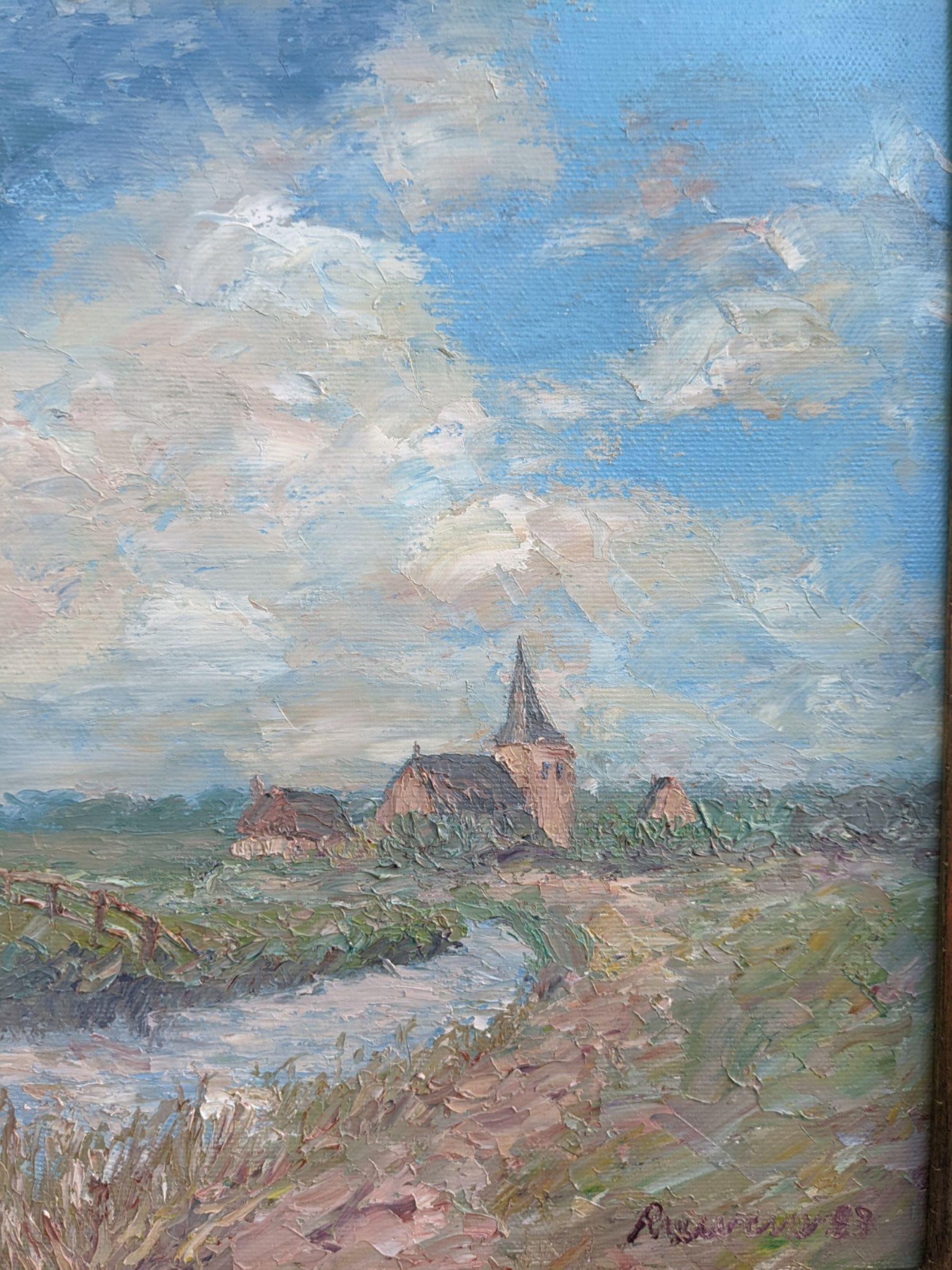 EL MOLINO
43 x 53 cm (incluido el marco)
Óleo sobre lienzo

Composición al óleo de mediados de siglo, muy bien ejecutada, de un molino de viento junto a un arroyo, pintada sobre lienzo en estilo impresionista.

Con reminiscencias de artistas como