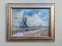 Vintage Mid-Century Modern Dutch Landscape "The Windmill" Impressionist Oil Painting