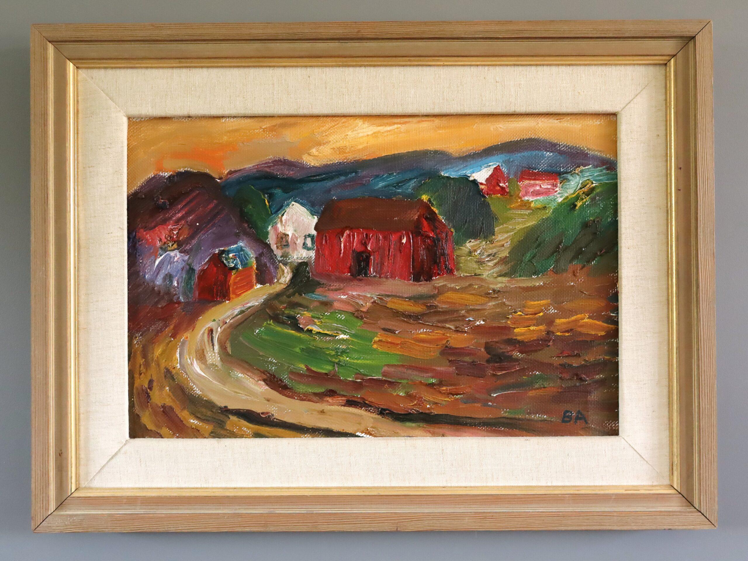 Mid Century Modern Expressionist Landscape Oil Painting - Crimson Barns at Dusk - Brown Landscape Painting by Unknown