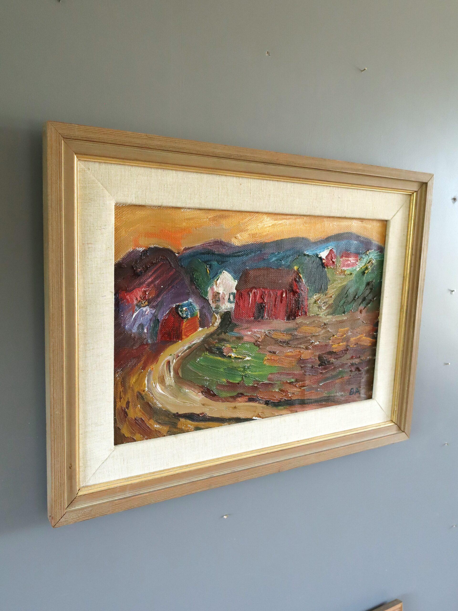 Crimson Barns at Dusk
Size: 44 x 59 cm (including frame)
Oil on board

A vibrant expressionist mid-century landscape captures a rustic rural scene bathed in the warm glow of a setting sun, executed in oil onto board.

A winding path leads the