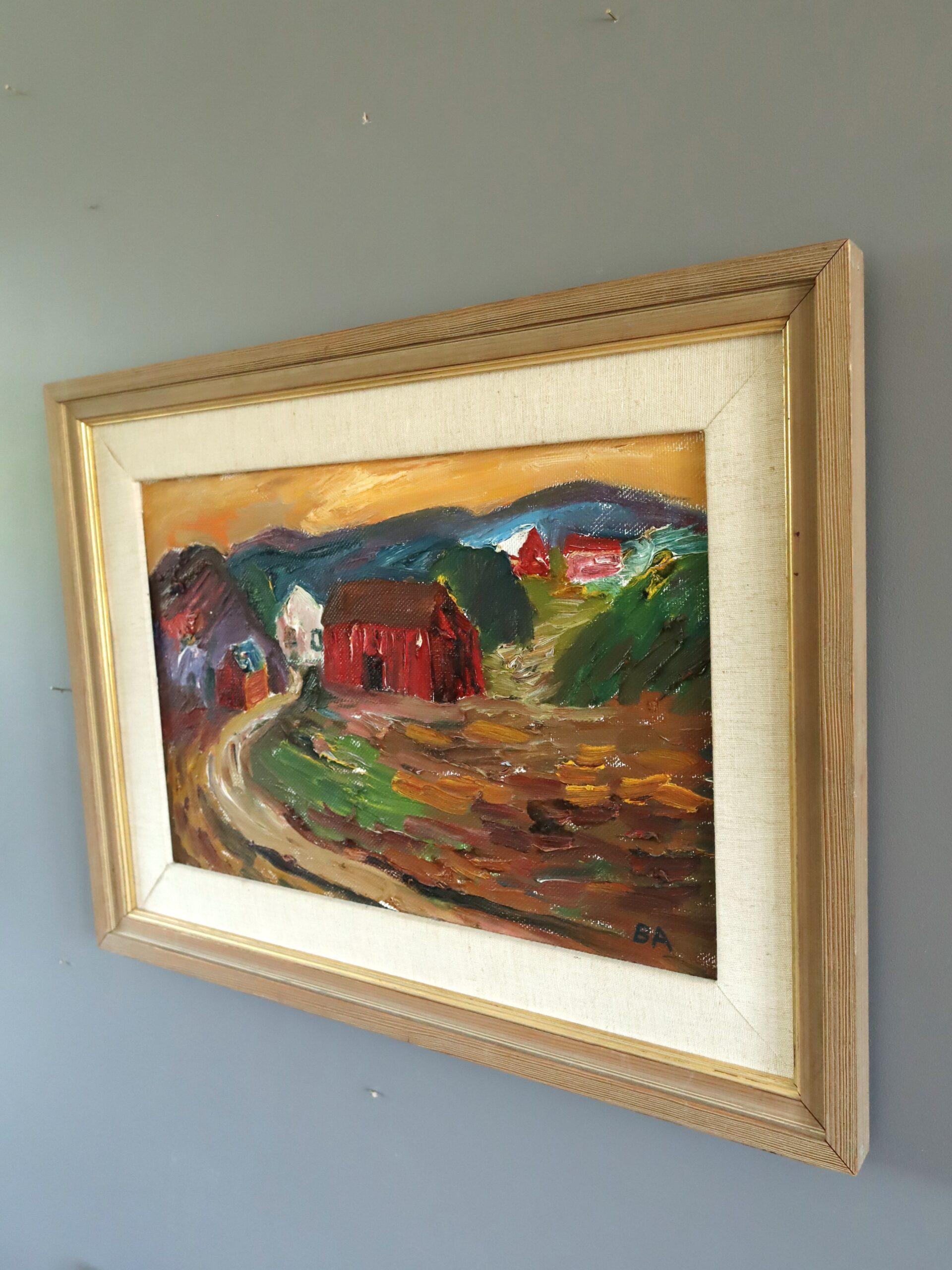 Mid Century Modern Expressionist Landscape Oil Painting - Crimson Barns at Dusk For Sale 1