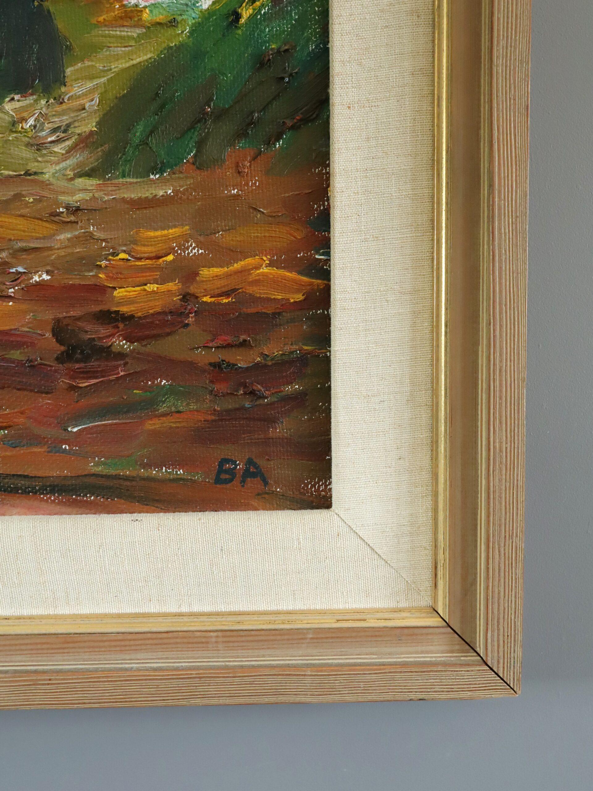 Mid Century Modern Expressionist Landscape Oil Painting - Crimson Barns at Dusk For Sale 3