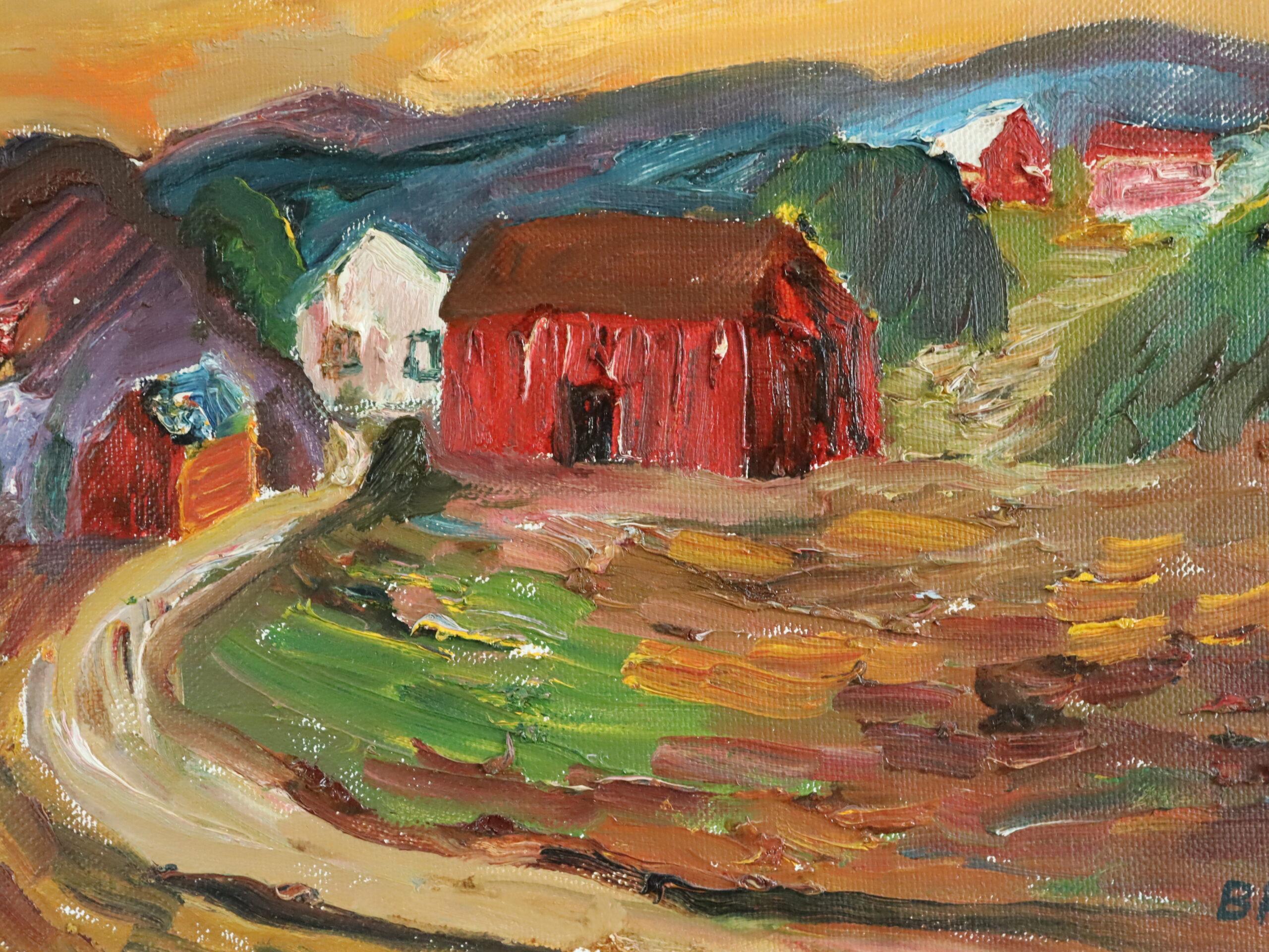 Mid Century Modern Expressionist Landscape Oil Painting - Crimson Barns at Dusk For Sale 4