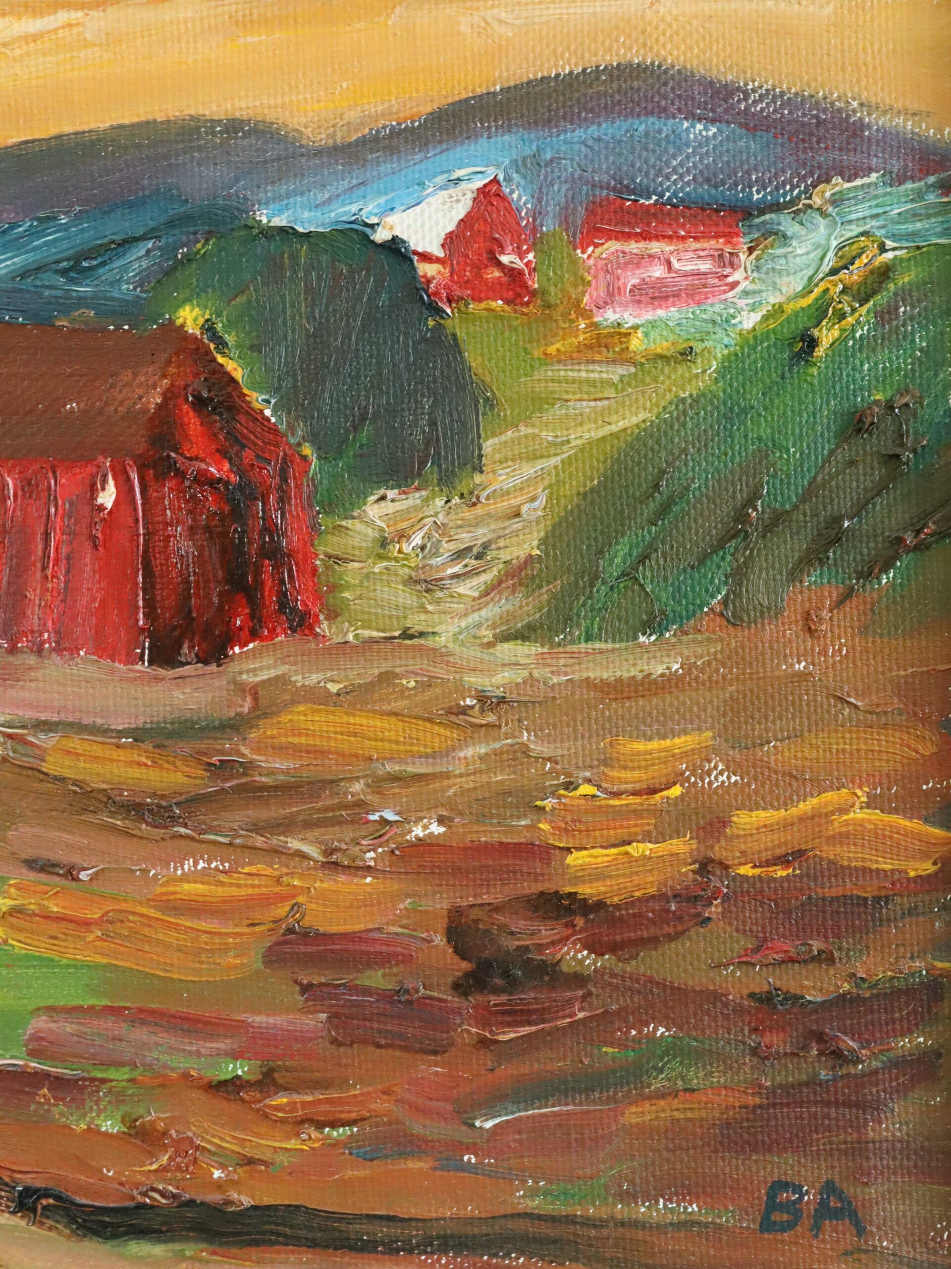 Mid Century Modern Expressionist Landscape Oil Painting - Crimson Barns at Dusk For Sale 6