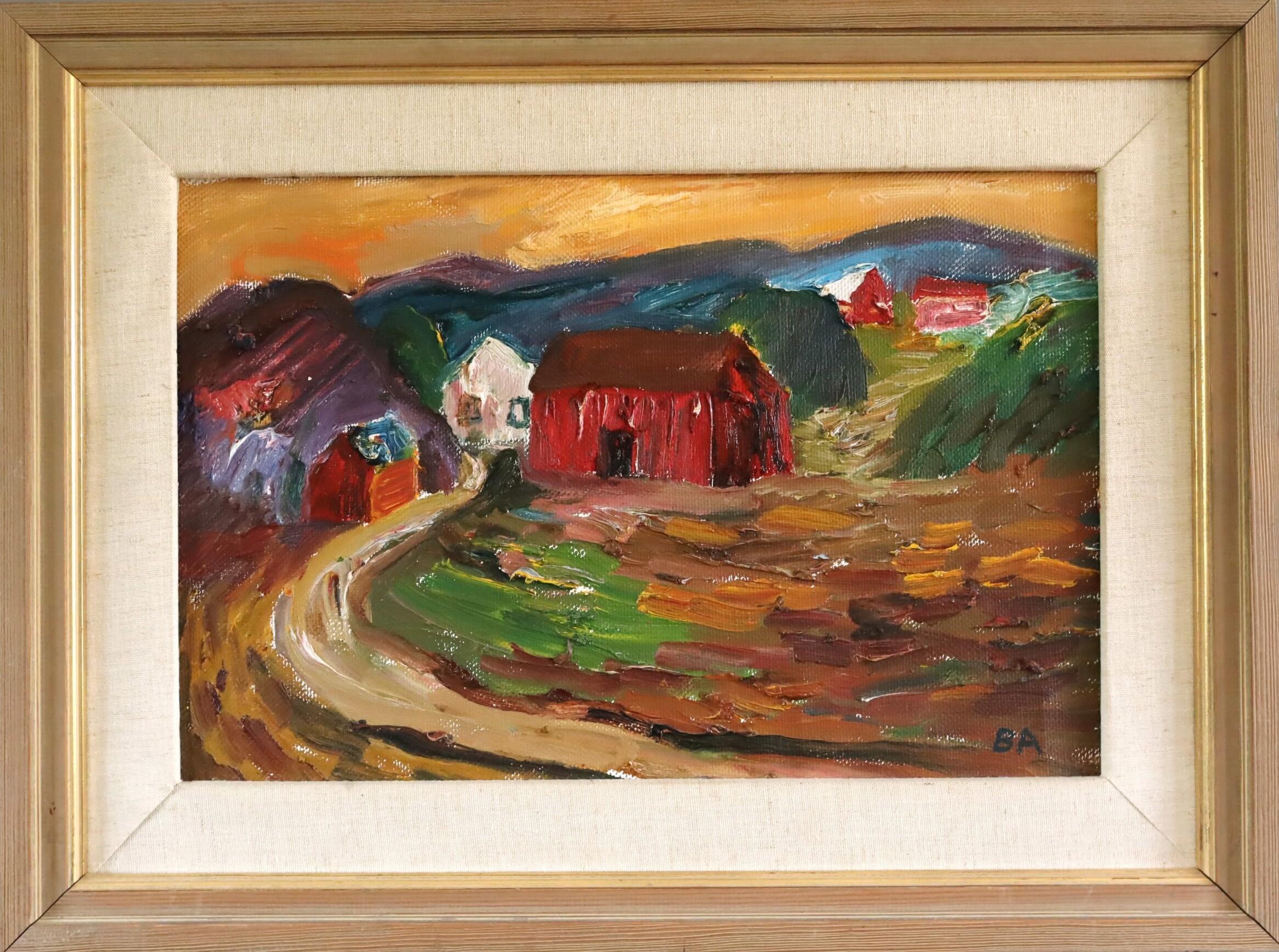 Unknown Landscape Painting - Mid Century Modern Expressionist Landscape Oil Painting - Crimson Barns at Dusk