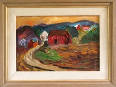 Mid Century Modern Expressionist Landscape Oil Painting - Crimson Barns at Dusk