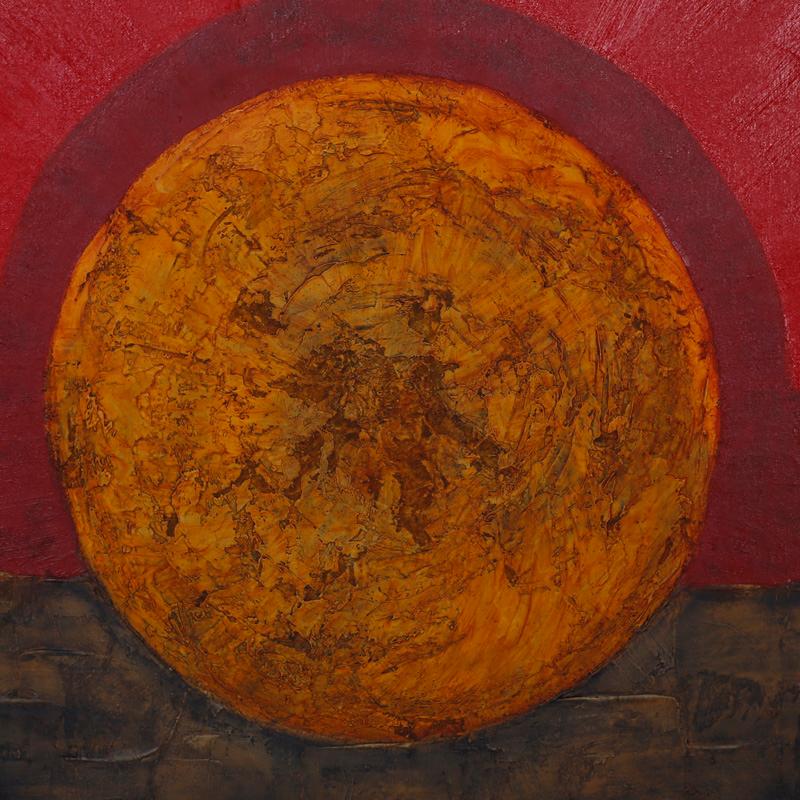 Modern Expressionist oil painting on canvas with several texturing techniques and a fiery hot use of color. Signed in the lower right F. Howard and titled on the back Royal Hunt of the Sun.