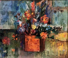 Nature morte expressionniste de style « Mid-Century Modern » représentant des fleurs aux couleurs vives, signée McKay