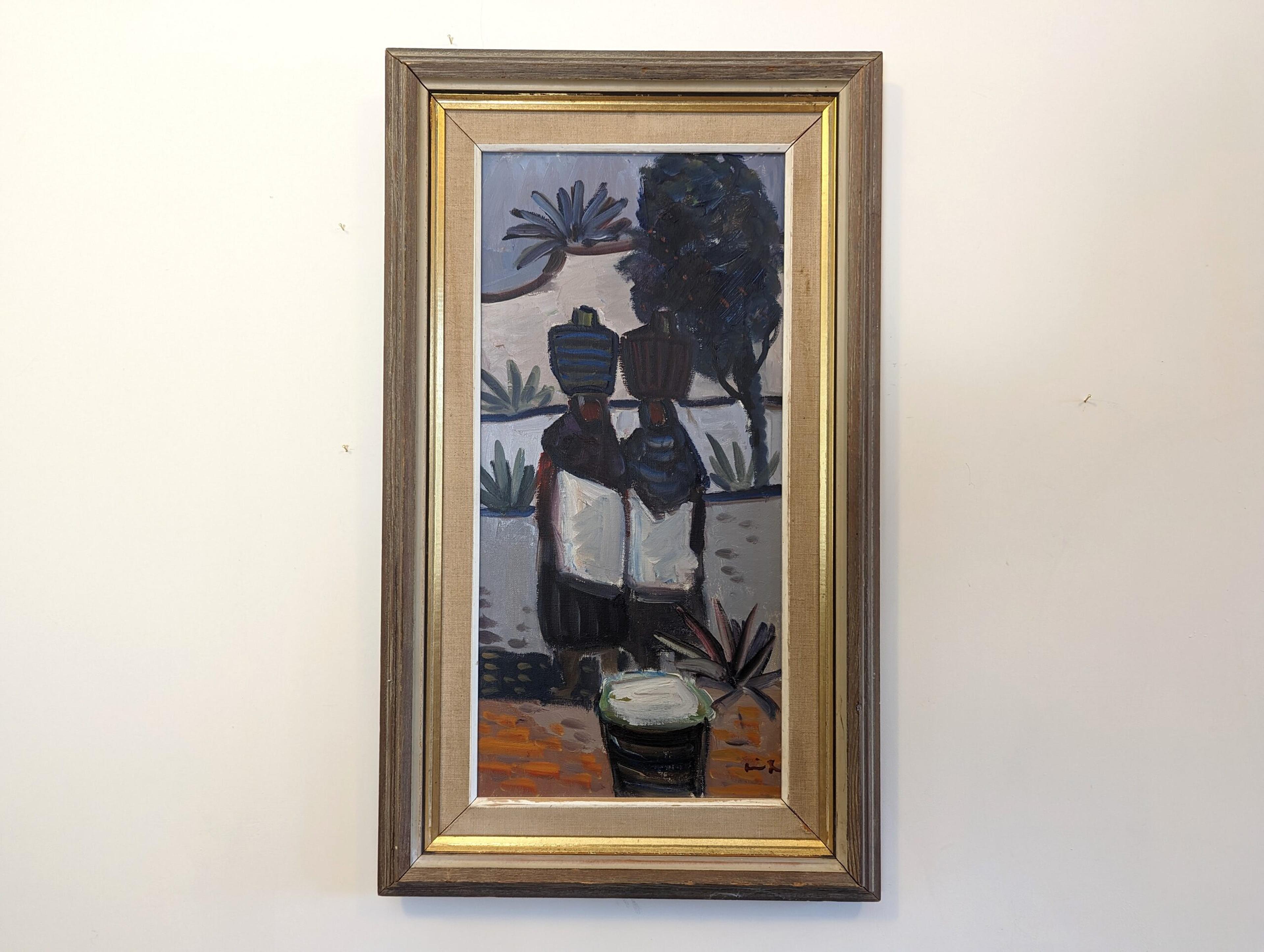 BASKET CARRIERS
Oil on Canvas
Size: 74 x 43.5 cm (including frame)

A wonderful mid century modernist composition, painted in oil onto canvas.

Two figures with baskets on their heads are depicted through the use of broad and distinct brushstrokes.