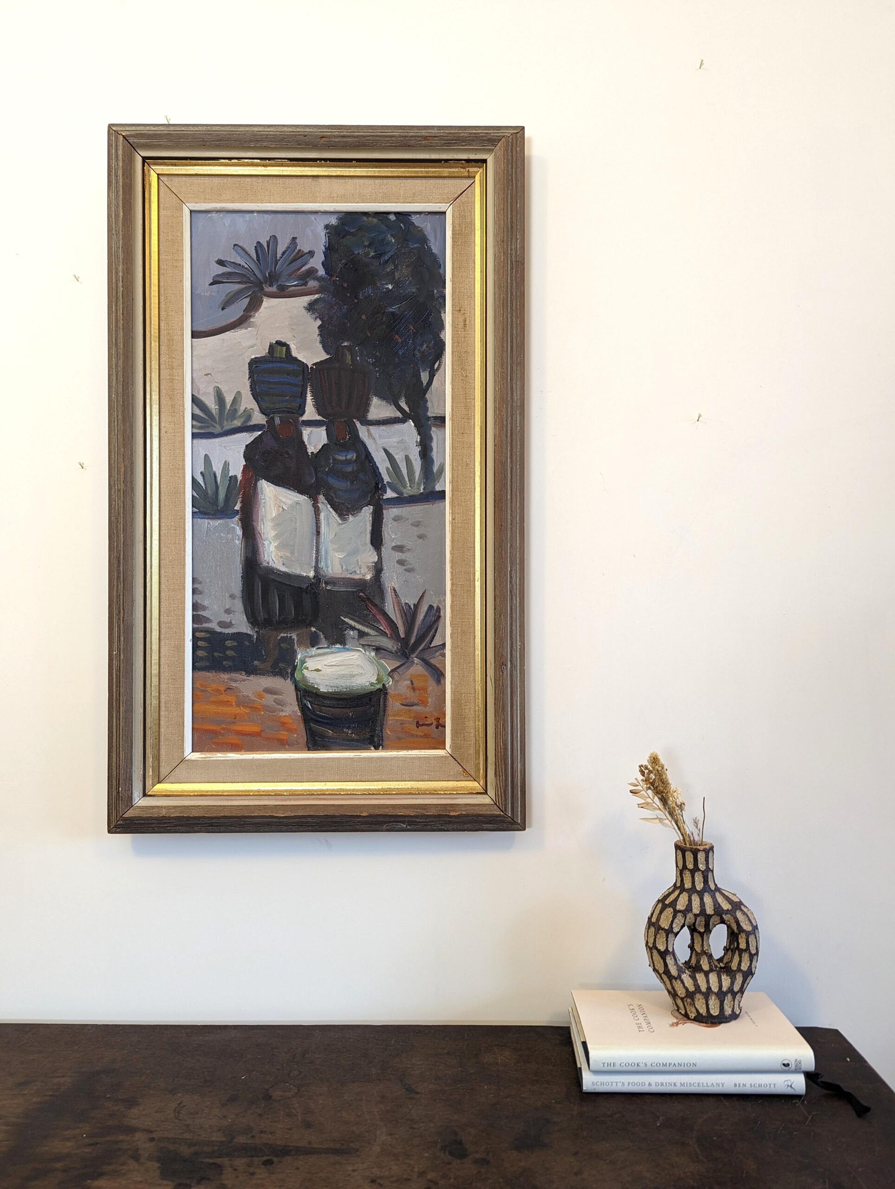 Expressionistisches figuratives gerahmtes Ölgemälde mit Korbträgern, Mid-Century Modern (Moderne), Painting, von Unknown