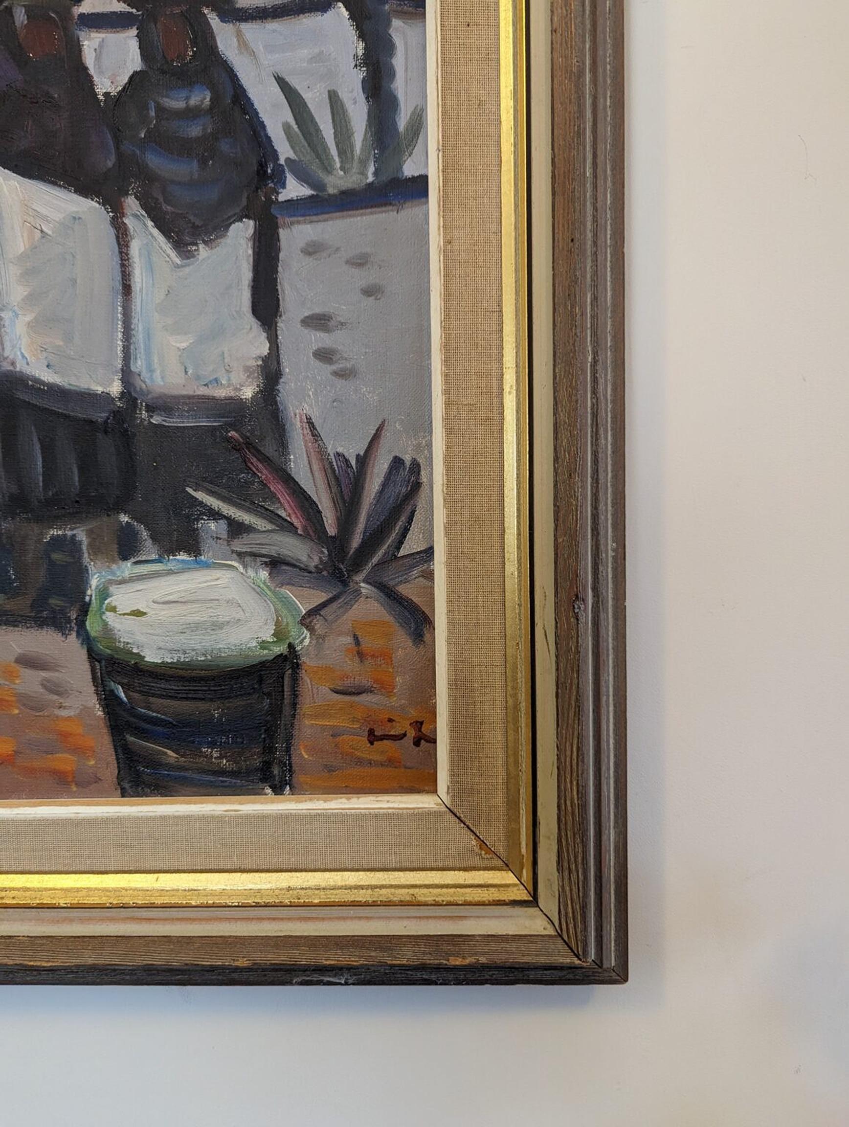 Expressionistisches figuratives gerahmtes Ölgemälde mit Korbträgern, Mid-Century Modern im Angebot 3