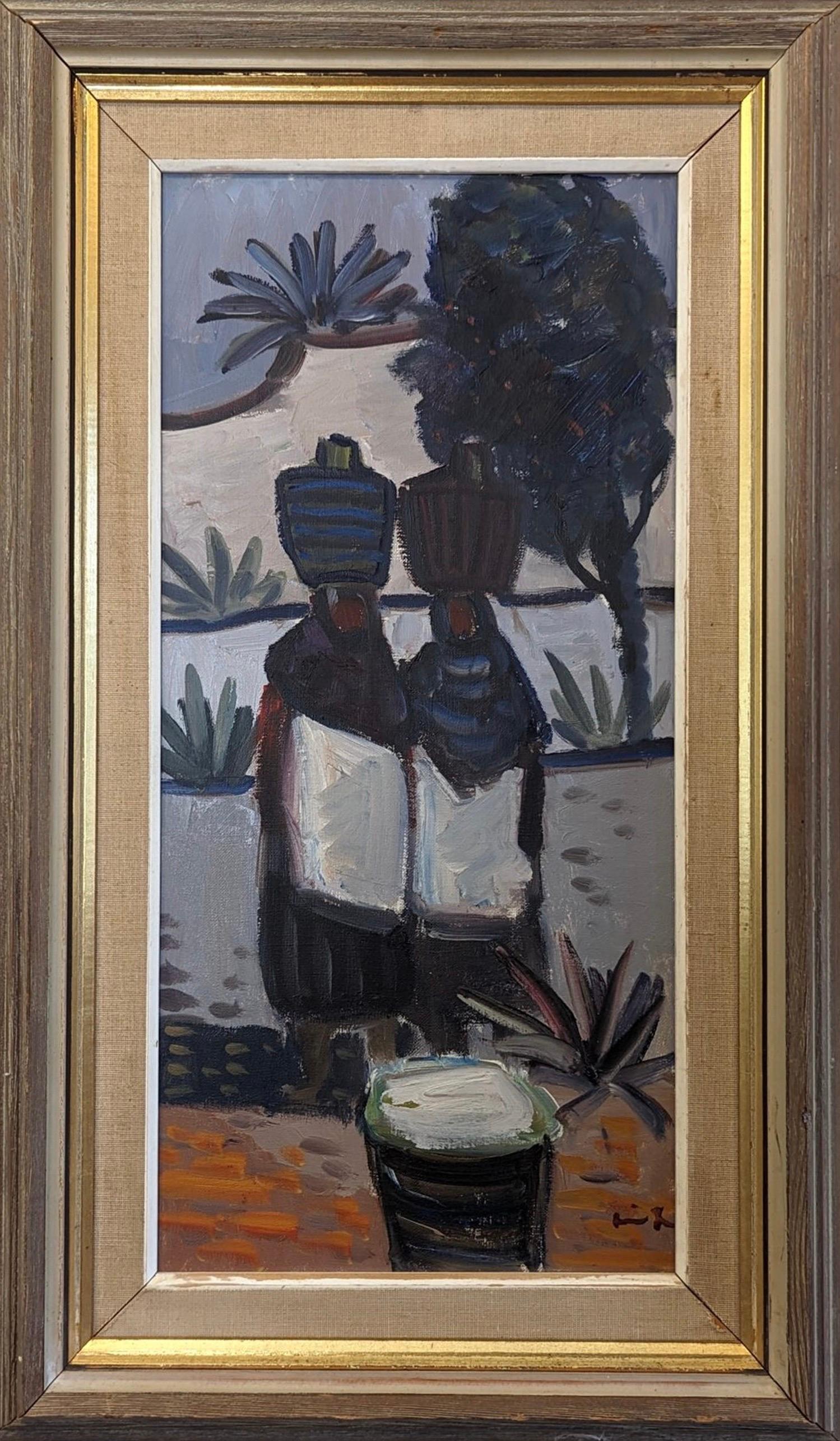 Unknown Figurative Painting - Mid-Century Modern Expressive Figurative Framed Oil Painting - Basket Carriers