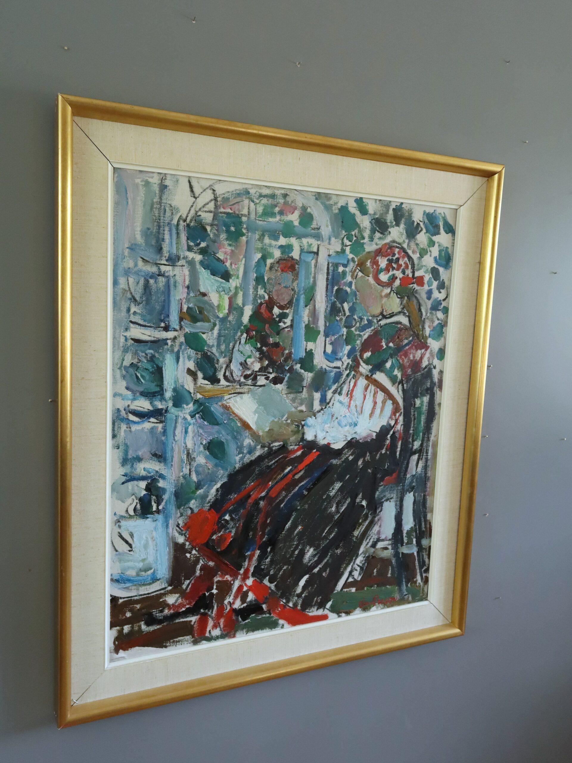 READING BY THE MIRROR
Size: 87 x 74 cm (including frame)
Oil on board

A large and very well executed mid century modernist composition, executed in oil onto board.

This expressive painting depicts a seated woman reading, dressed in traditional