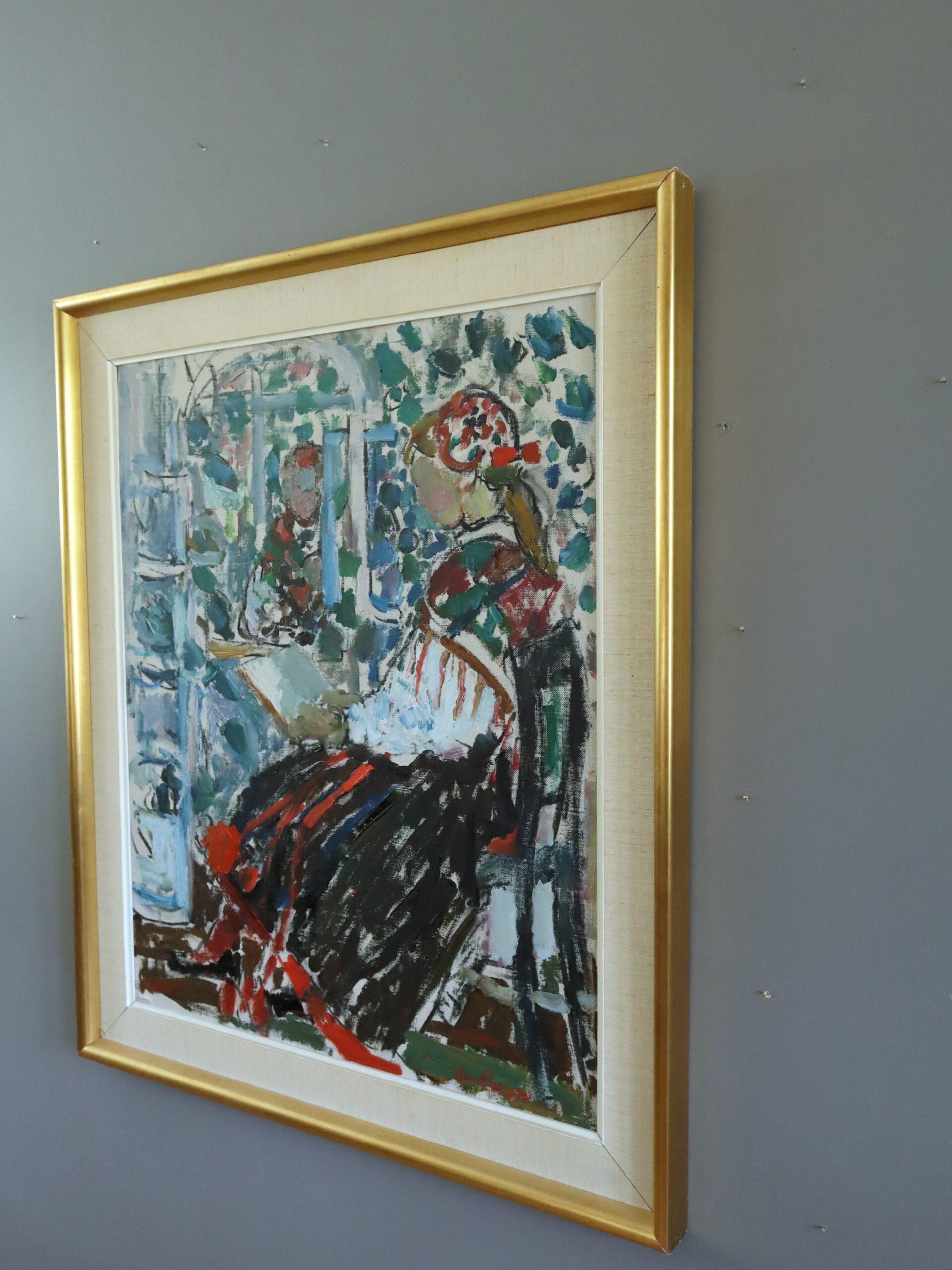 Mid Century Modern Expressive Figurative Oil Painting - Reading by the Mirror For Sale 1