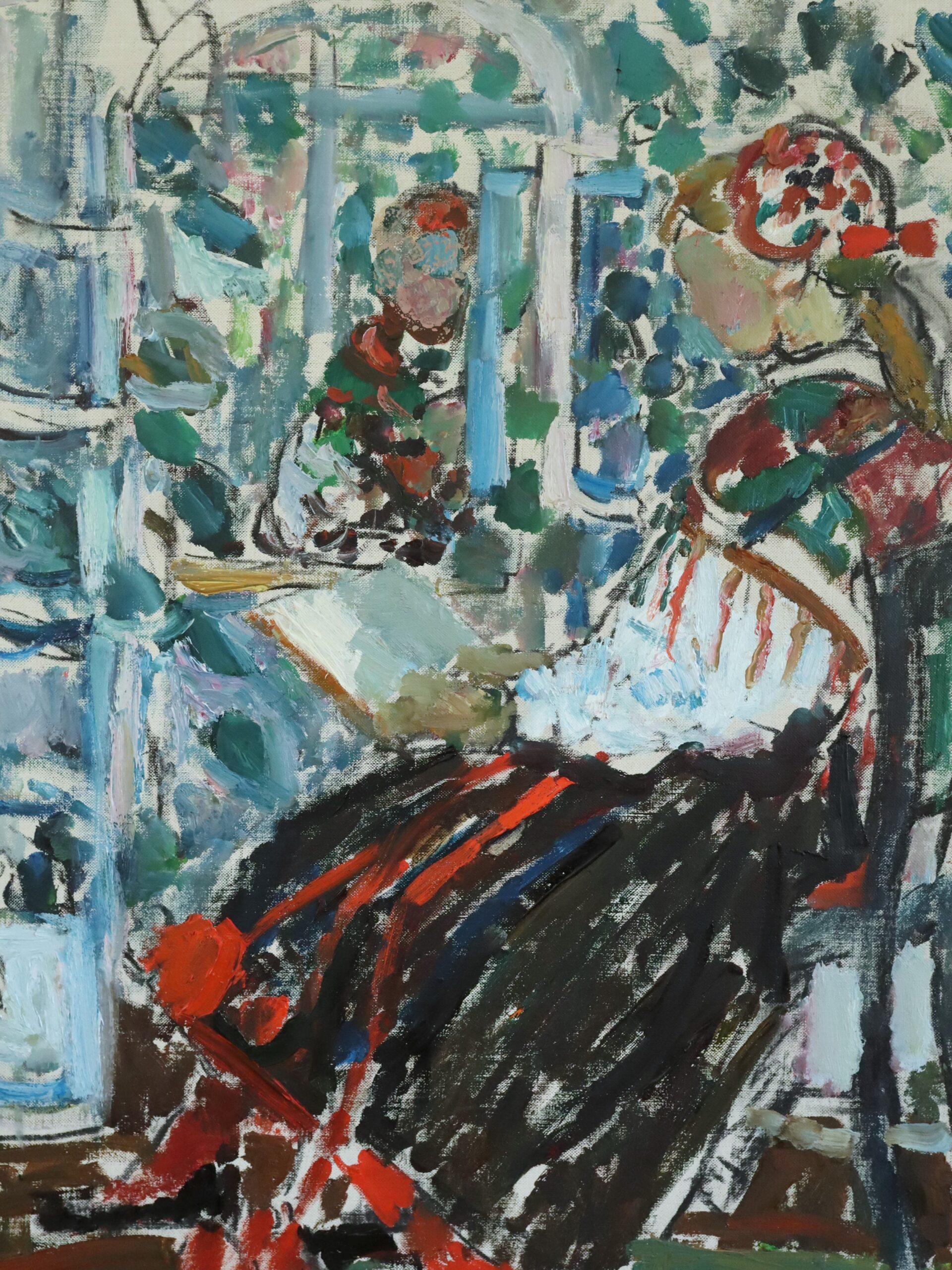 Mid Century Modern Expressive Figurative Oil Painting - Reading by the Mirror For Sale 4