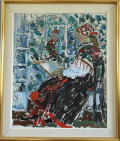 Mid Century Modern Expressive Figurative Oil Painting - Reading by the Mirror