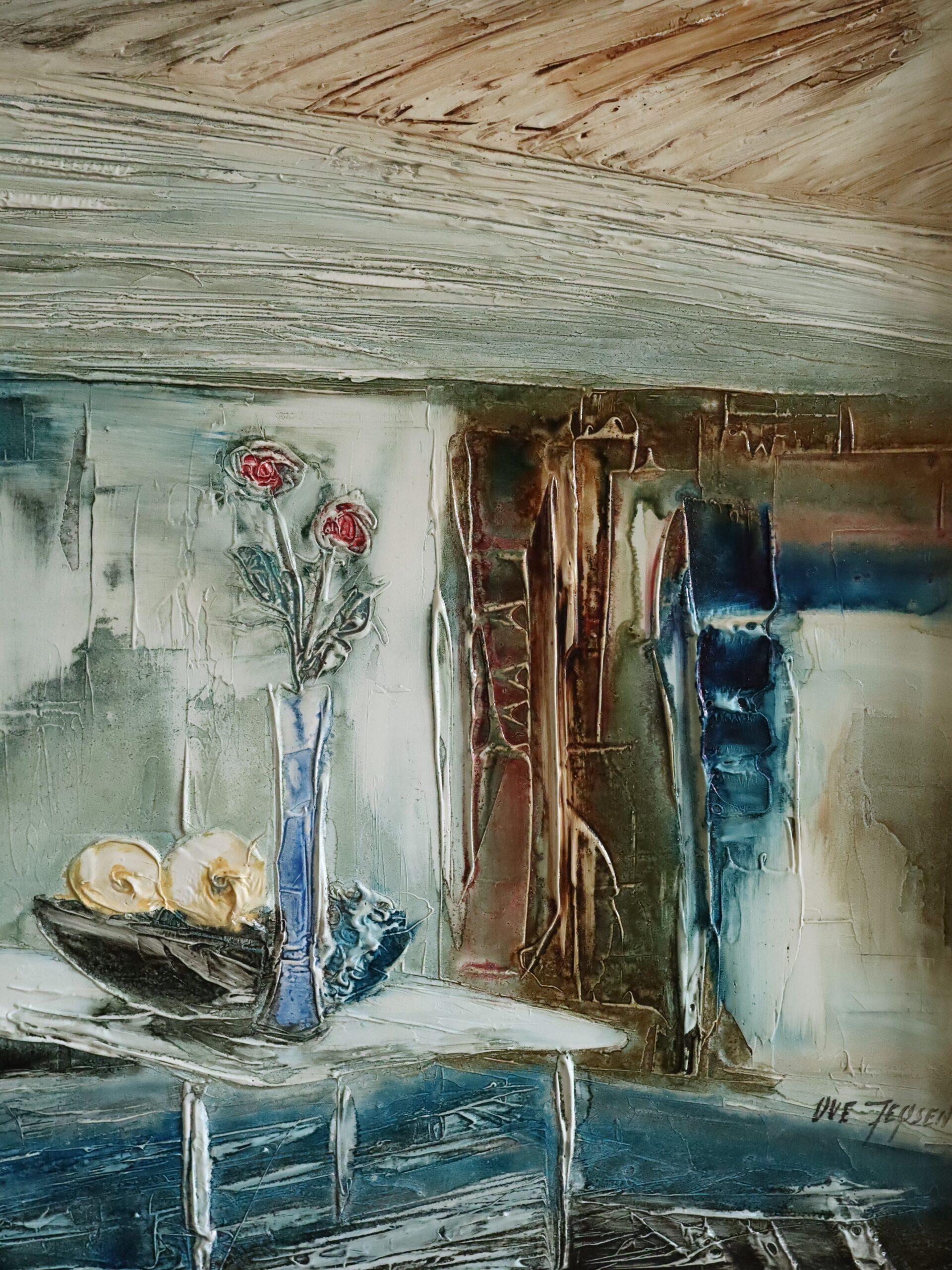 Peinture à l'huile d'intérieur expressive du milieu du siècle dernier - immobilité dans la lumière bleue en vente 5