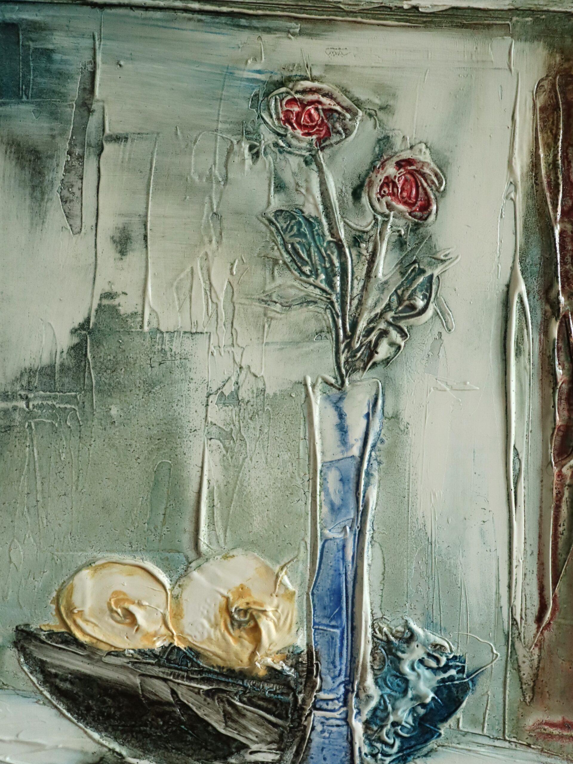 Peinture à l'huile d'intérieur expressive du milieu du siècle dernier - immobilité dans la lumière bleue en vente 6