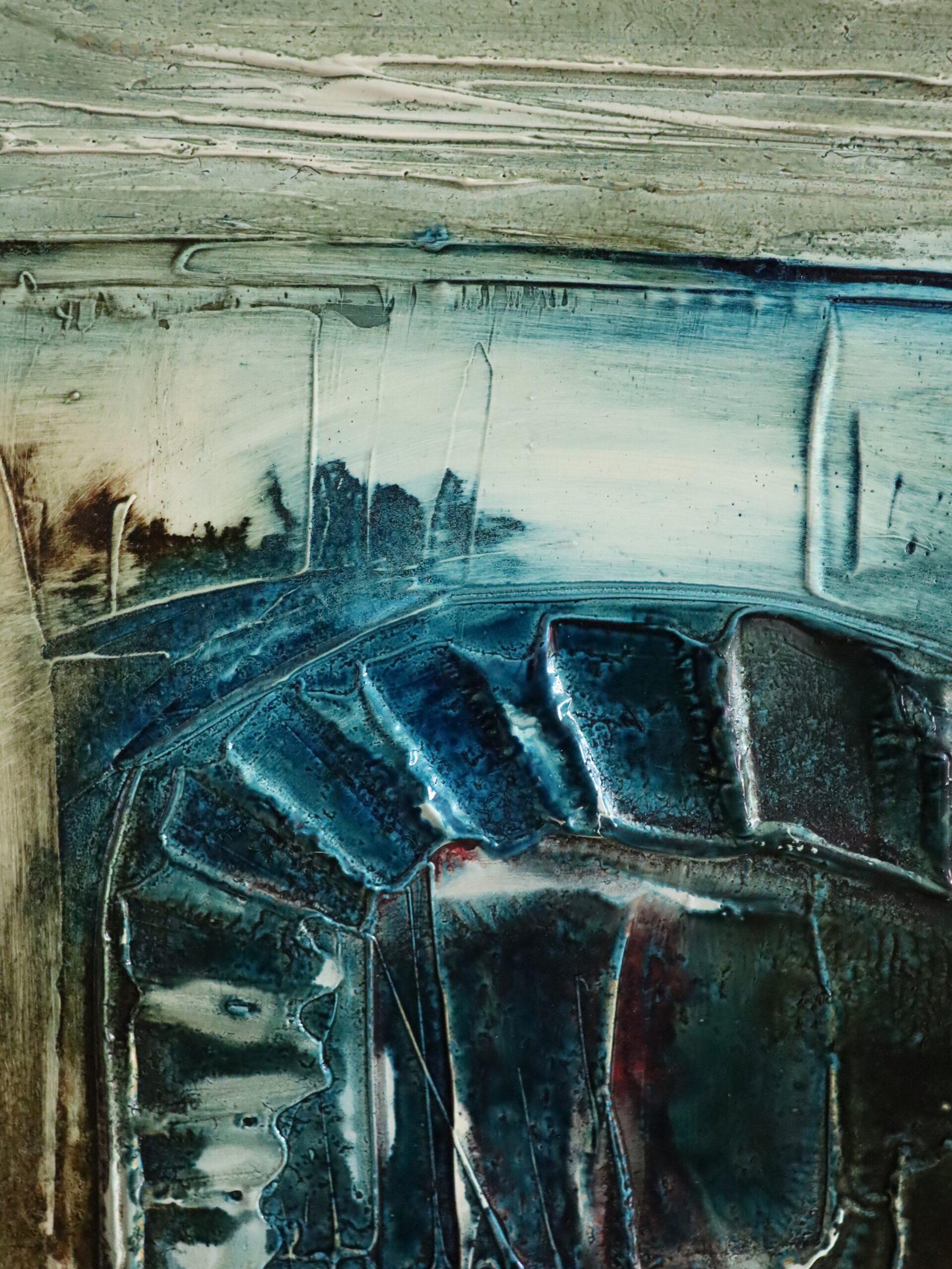 Peinture à l'huile d'intérieur expressive du milieu du siècle dernier - immobilité dans la lumière bleue en vente 7