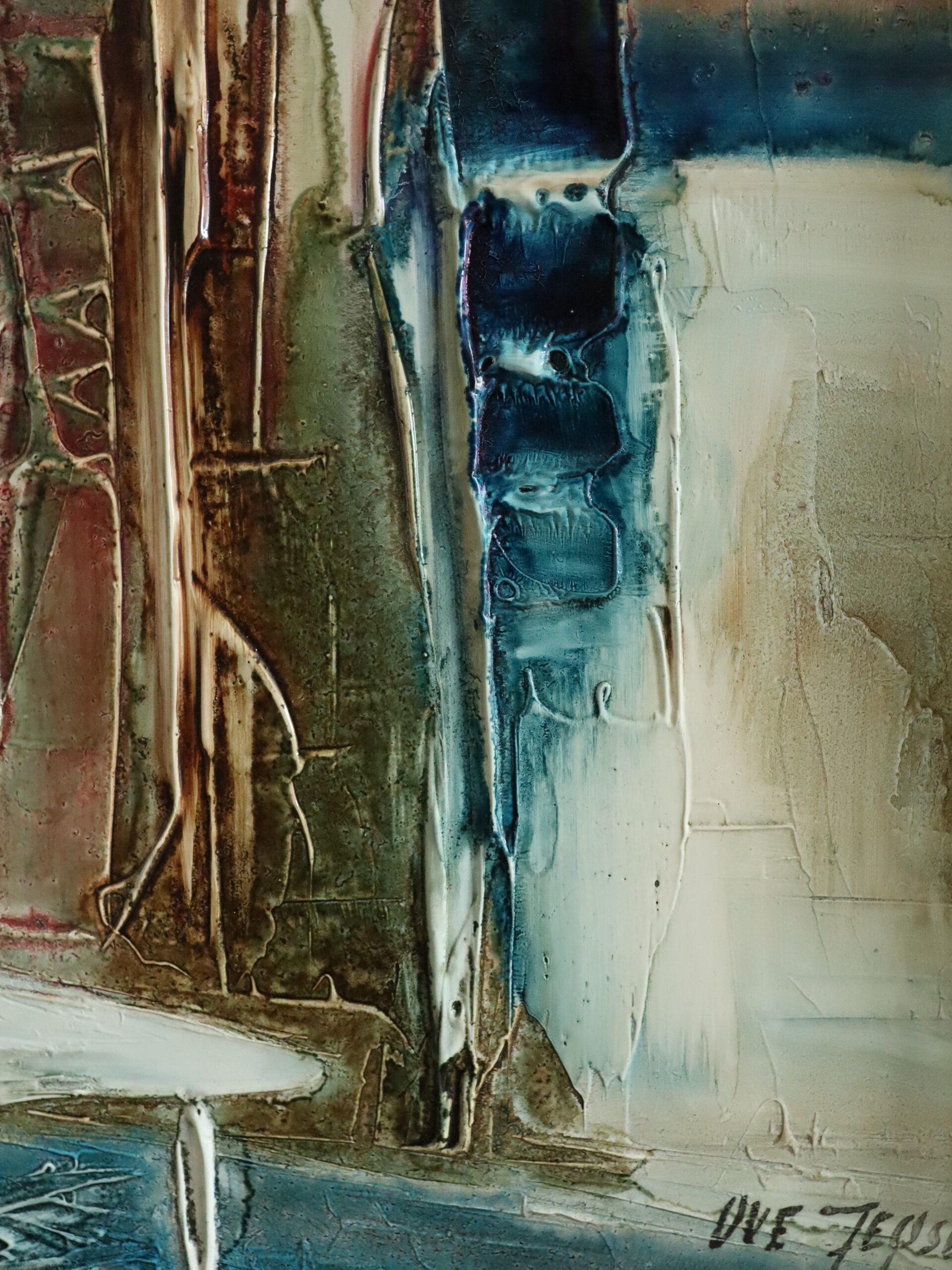 Peinture à l'huile d'intérieur expressive du milieu du siècle dernier - immobilité dans la lumière bleue en vente 8