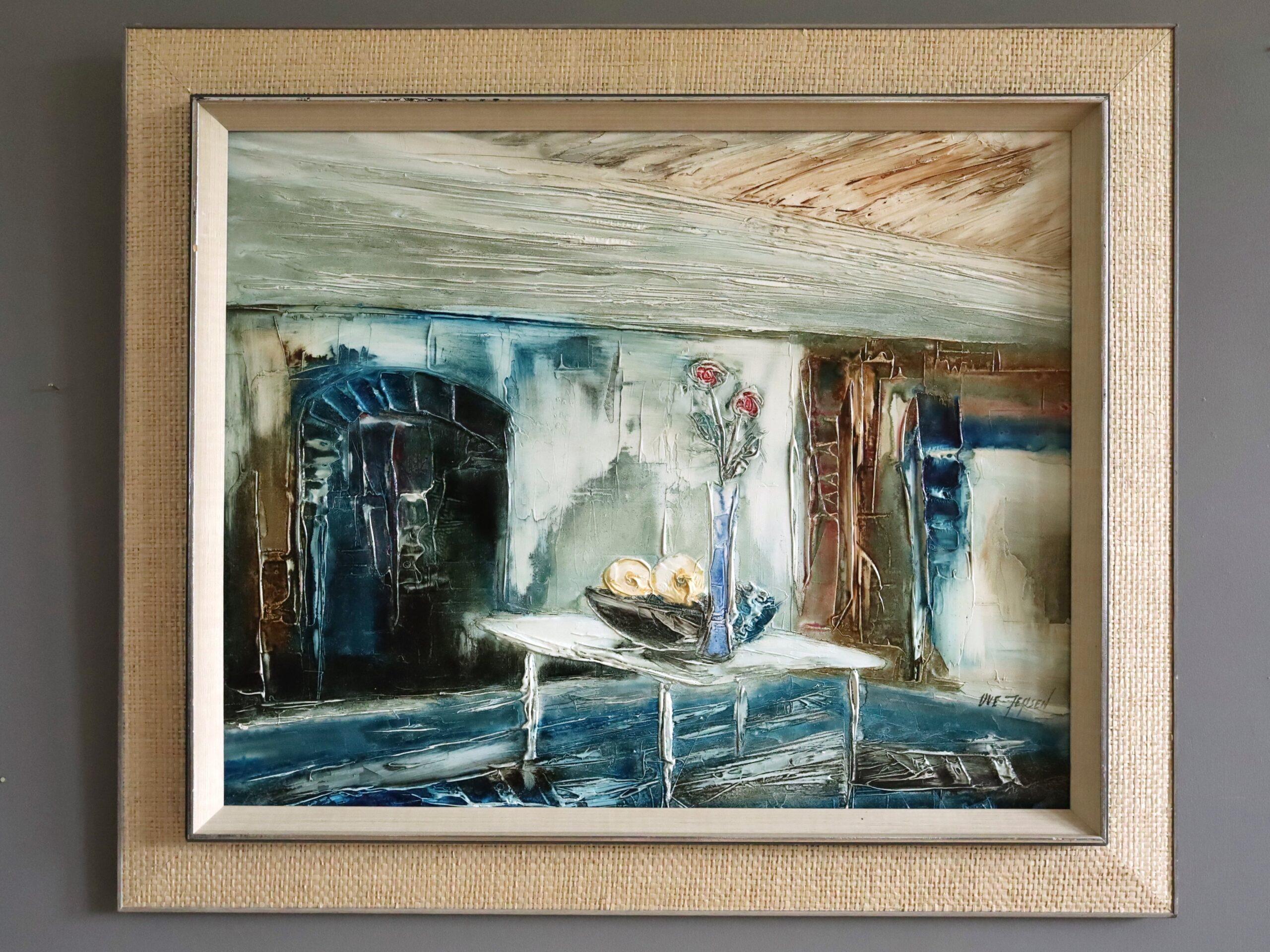 Peinture à l'huile d'intérieur expressive du milieu du siècle dernier - immobilité dans la lumière bleue - Painting de Unknown