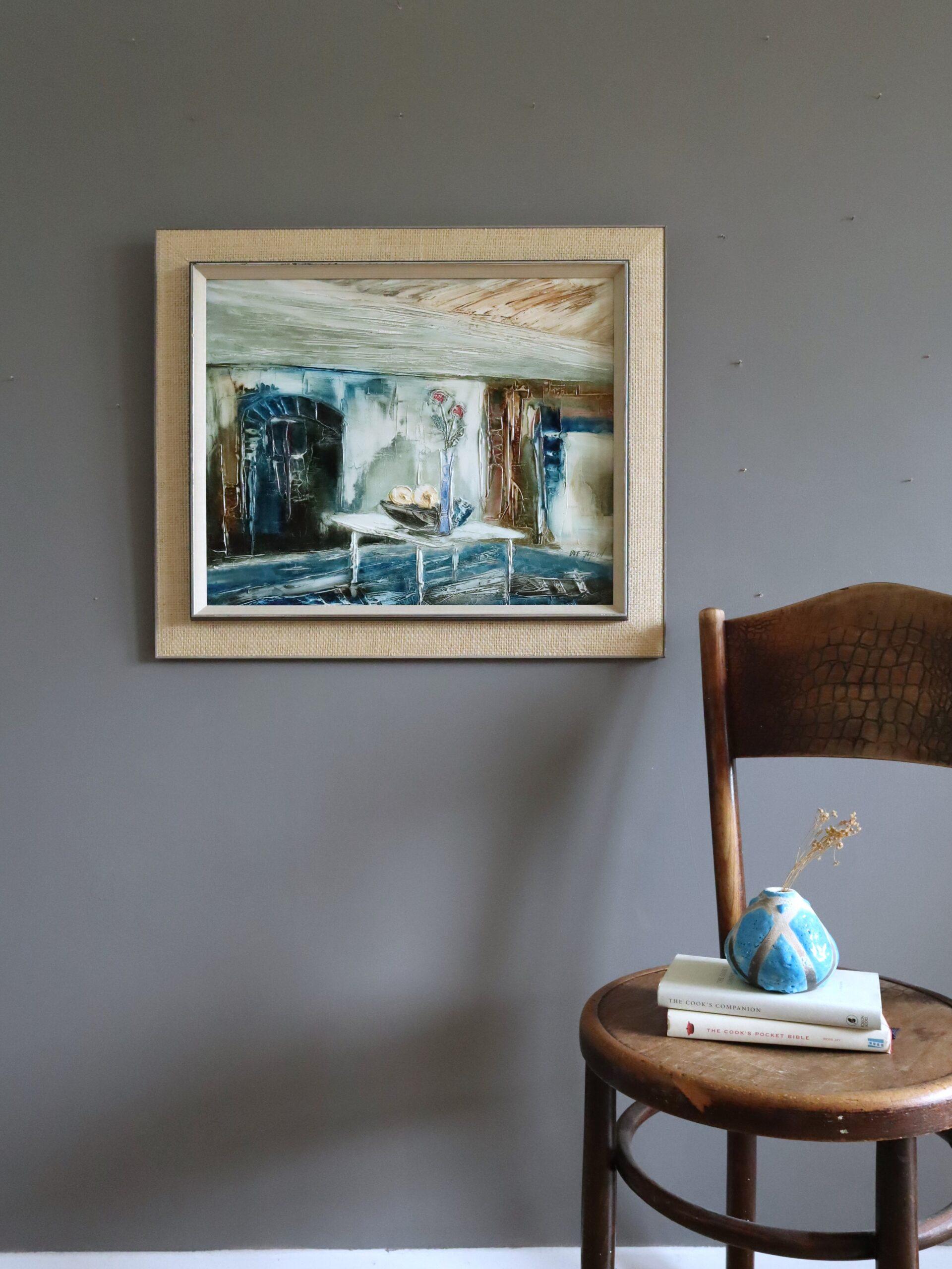Peinture à l'huile d'intérieur expressive du milieu du siècle dernier - immobilité dans la lumière bleue - Moderne Painting par Unknown