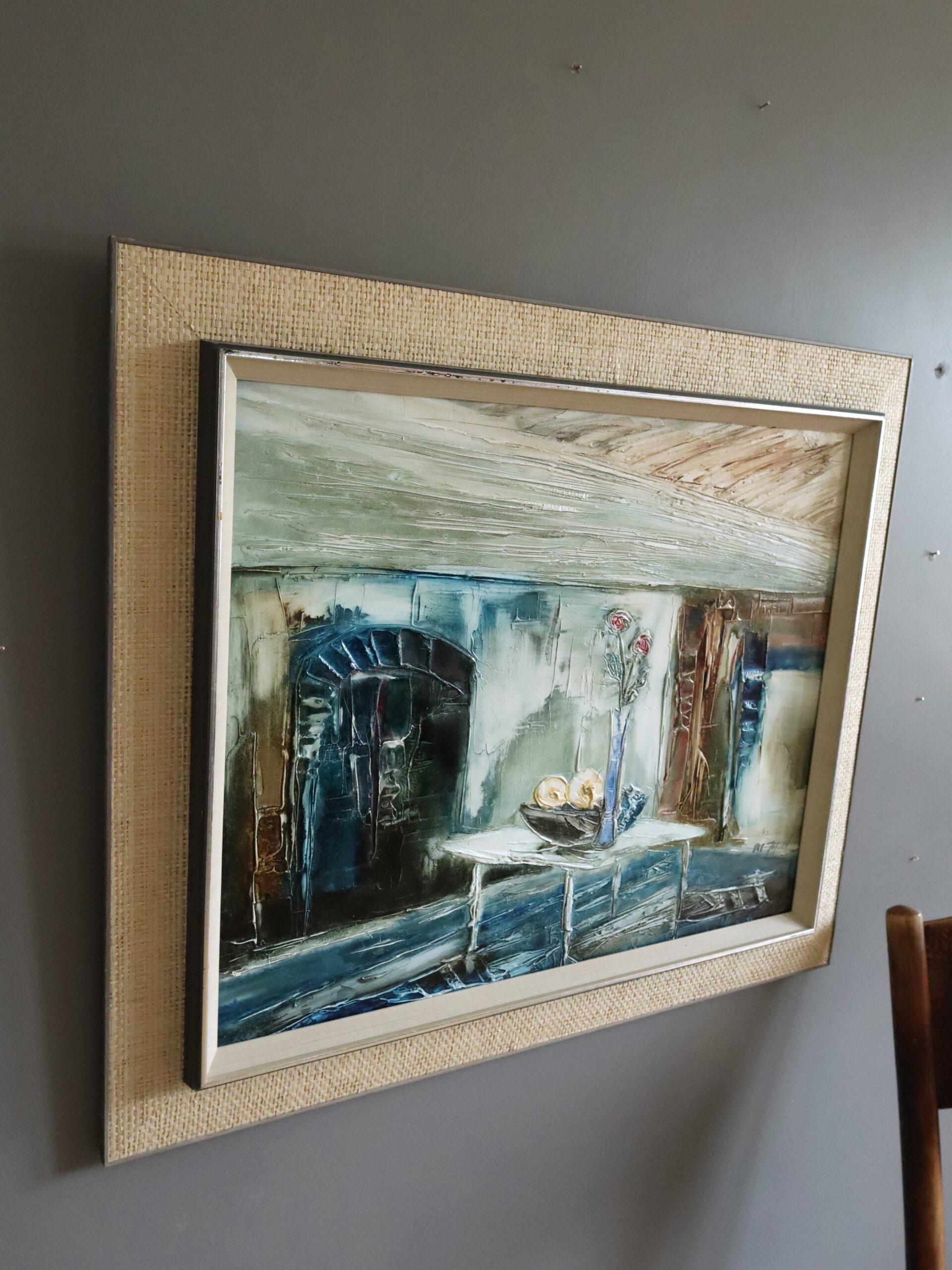 Peinture à l'huile d'intérieur expressive du milieu du siècle dernier - immobilité dans la lumière bleue - Marron Interior Painting par Unknown