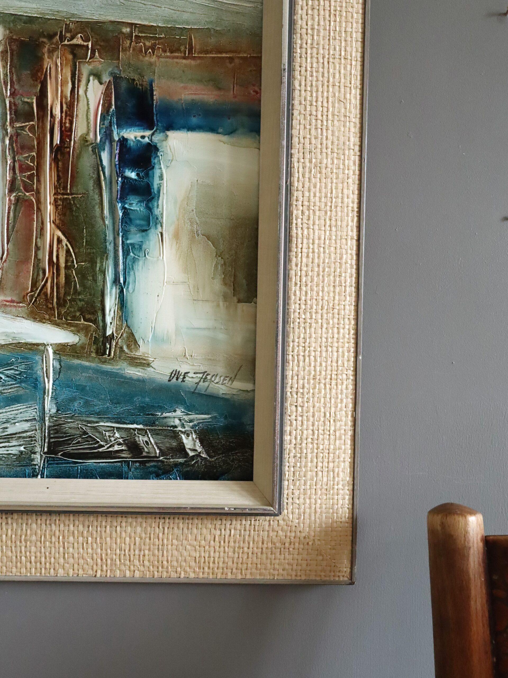 Peinture à l'huile d'intérieur expressive du milieu du siècle dernier - immobilité dans la lumière bleue en vente 2