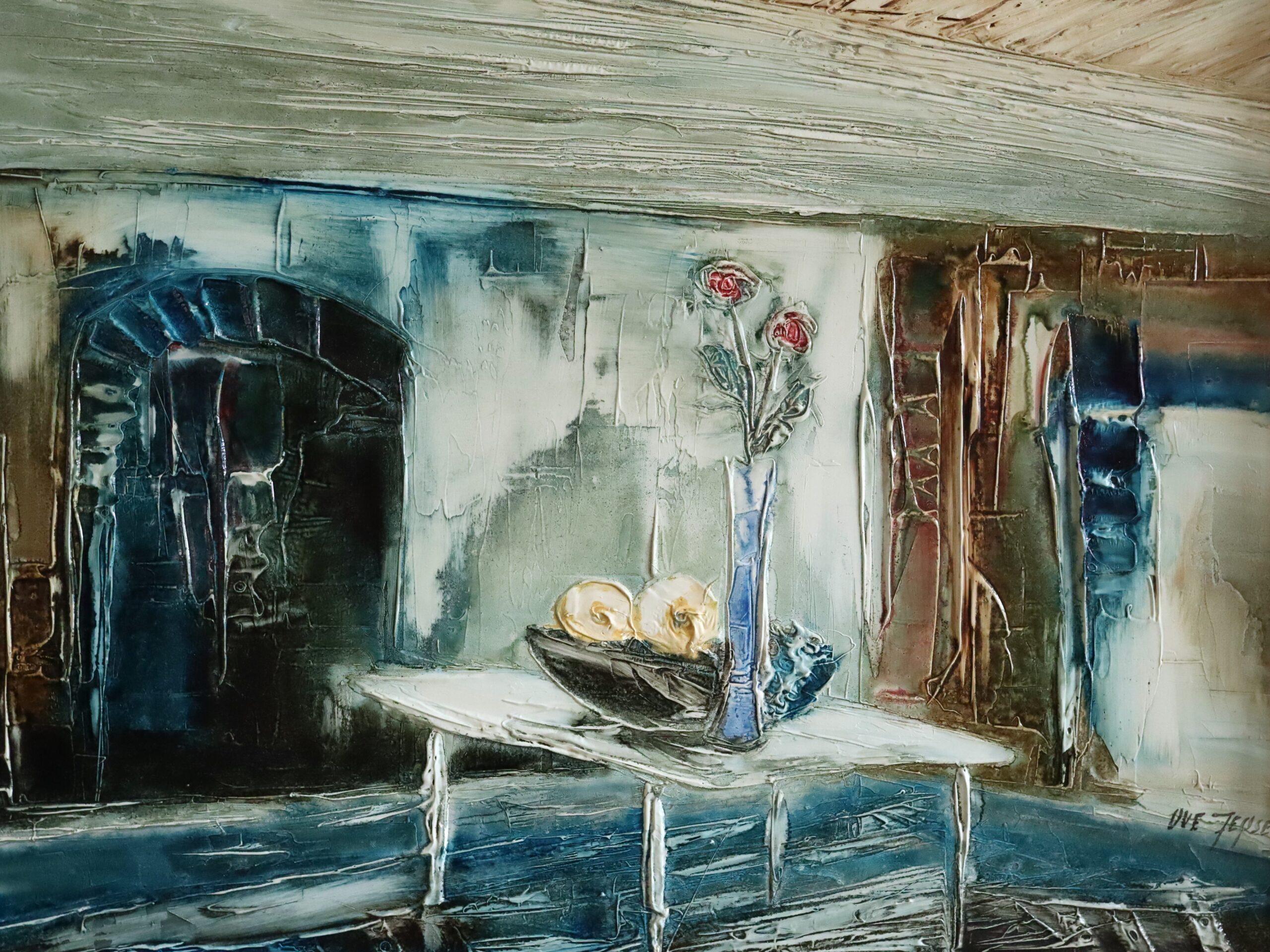 Peinture à l'huile d'intérieur expressive du milieu du siècle dernier - immobilité dans la lumière bleue en vente 3
