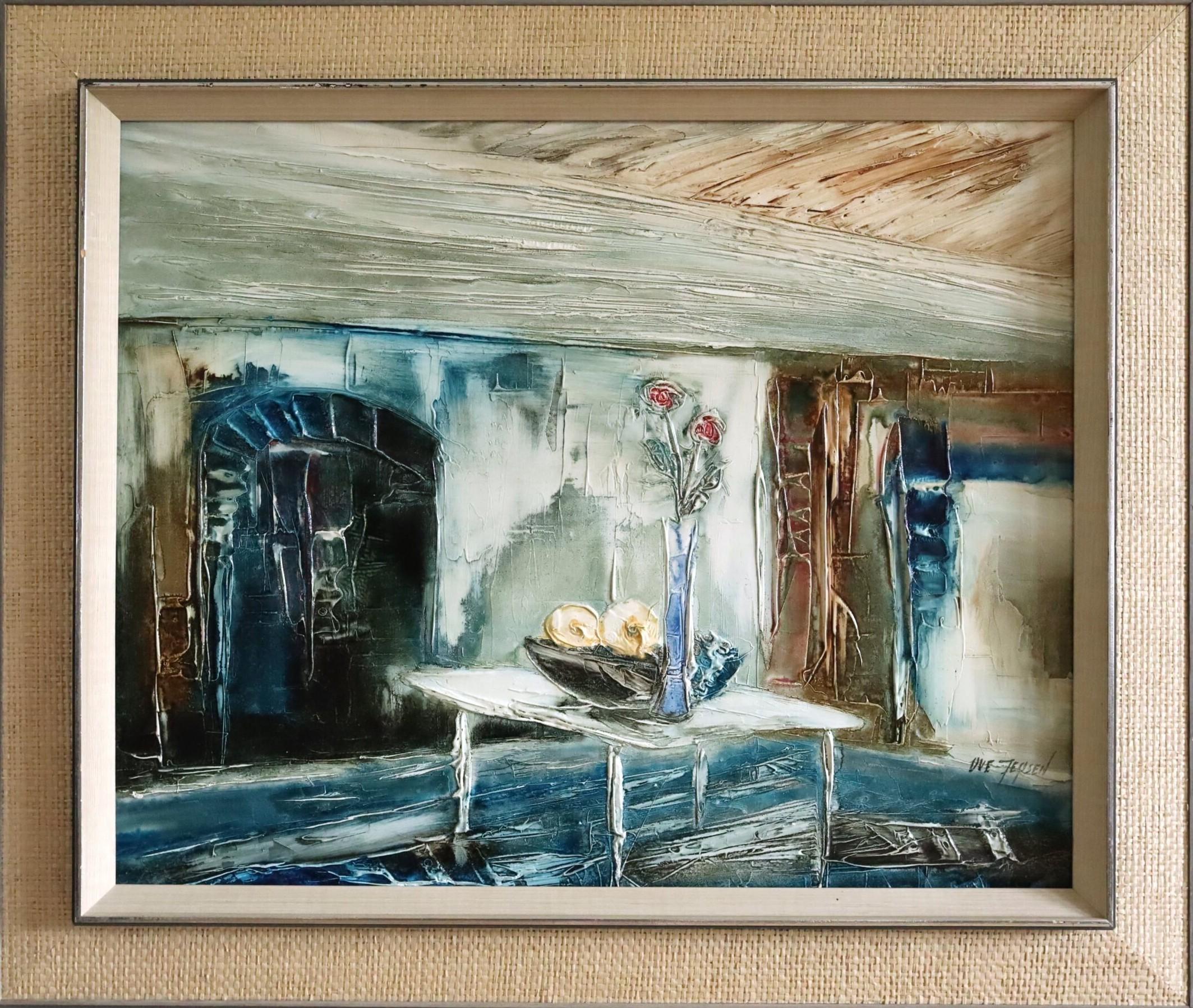 Interior Painting Unknown - Peinture à l'huile d'intérieur expressive du milieu du siècle dernier - immobilité dans la lumière bleue