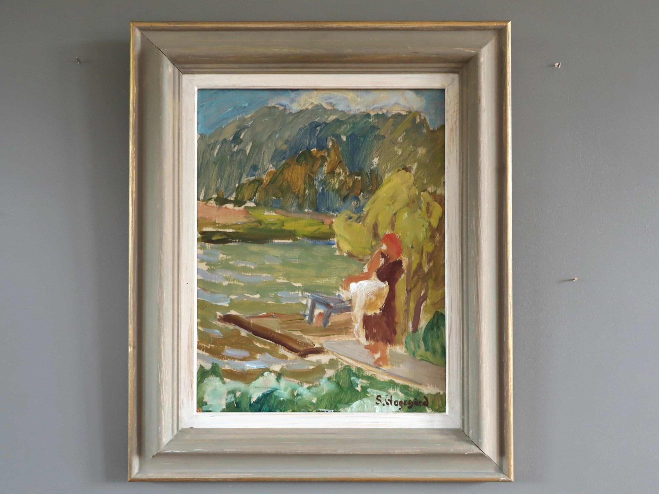 Mid Century Modern Expressive Landscape Oil Painting - Afternoon by the Lake - Brown Landscape Painting by Unknown