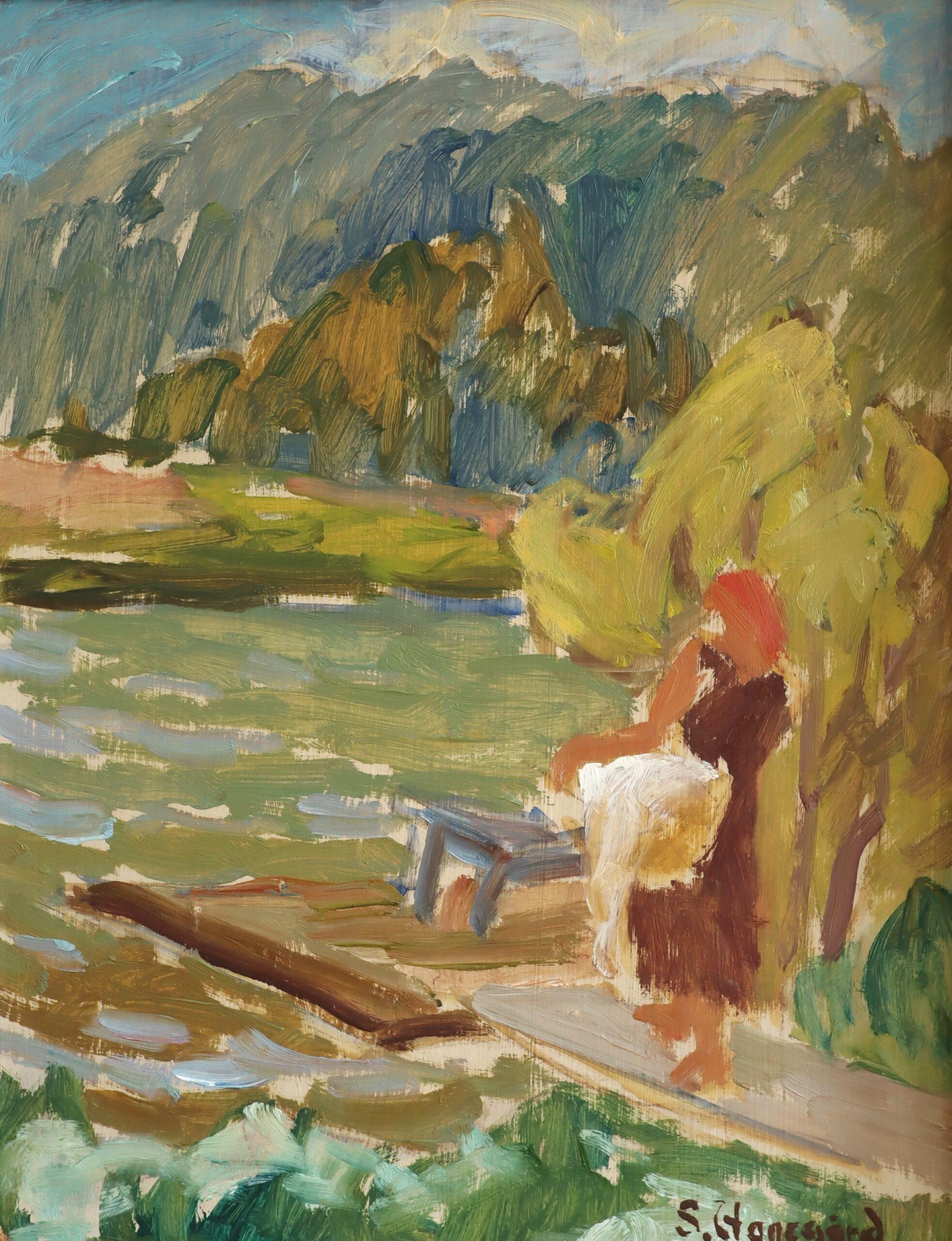 Mid Century Modern Expressive Landscape Oil Painting - Afternoon by the Lake For Sale 4