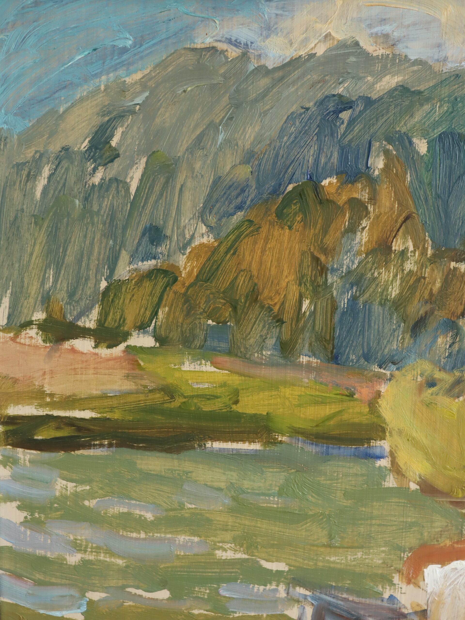 Mid Century Modern Expressive Landscape Oil Painting - Afternoon by the Lake For Sale 5